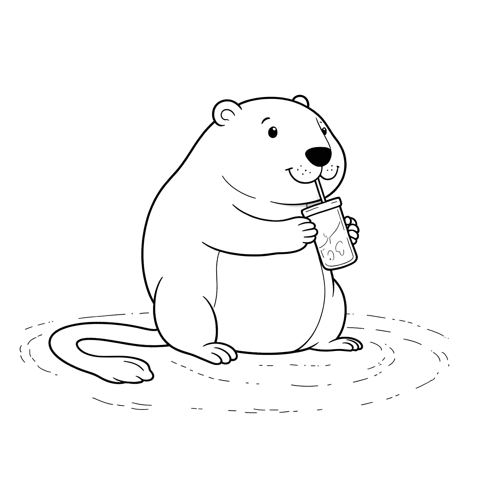 Beaver enjoying a refreshing drink Coloring Page (free black-and-white line drawing printable PDF for all, from beginners to advanced learners, including children, teens, adults, and seniors)