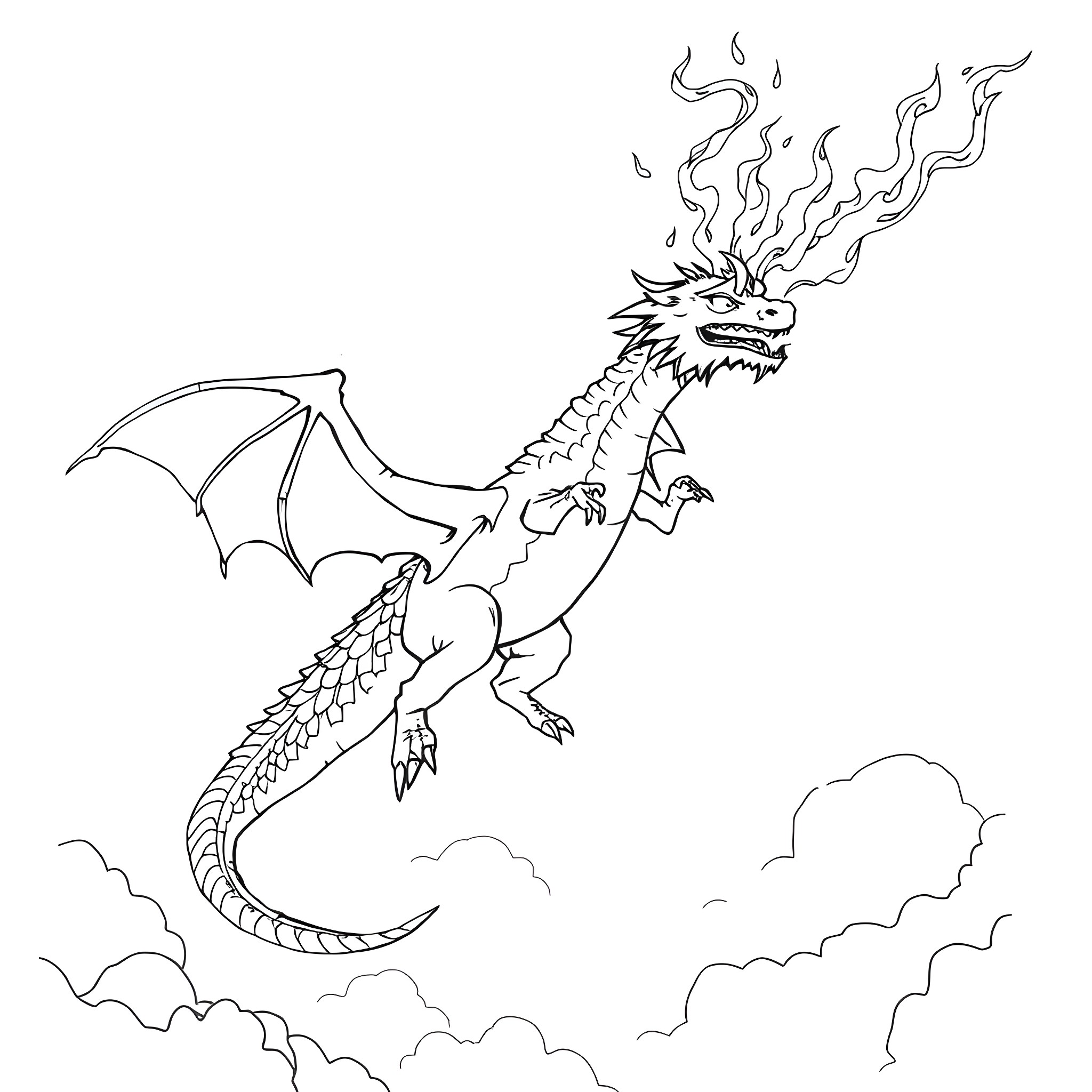 Dragon soaring through the clouds Coloring Page (free black-and-white line drawing printable PDF for all, from beginners to advanced learners, including children, teens, adults, and seniors)