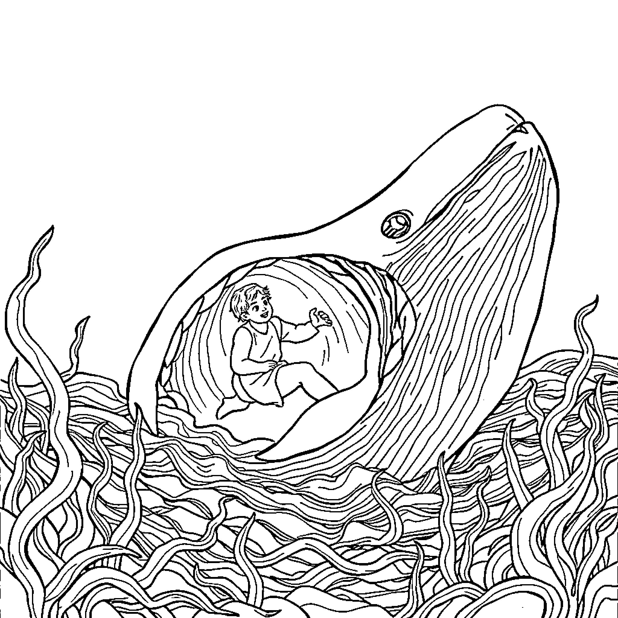 Jonah resting inside a whale in the ocean Coloring Page (free black-and-white line drawing printable PDF for all, from beginners to advanced learners, including children, teens, adults, and seniors)