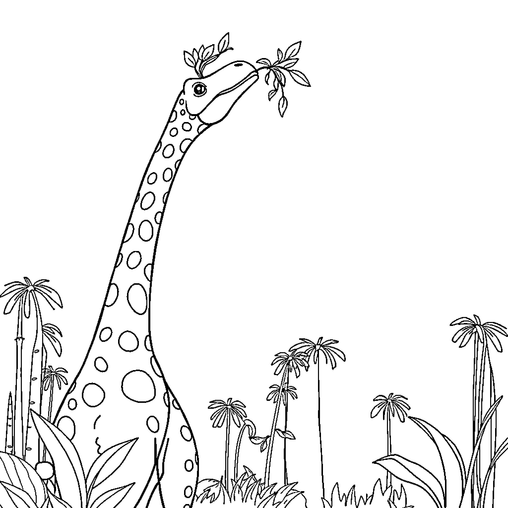 Brachiosaurus exploring the tropical landscape Coloring Page (free black-and-white line drawing printable PDF for all, from beginners to advanced learners, including children, teens, adults, and seniors)