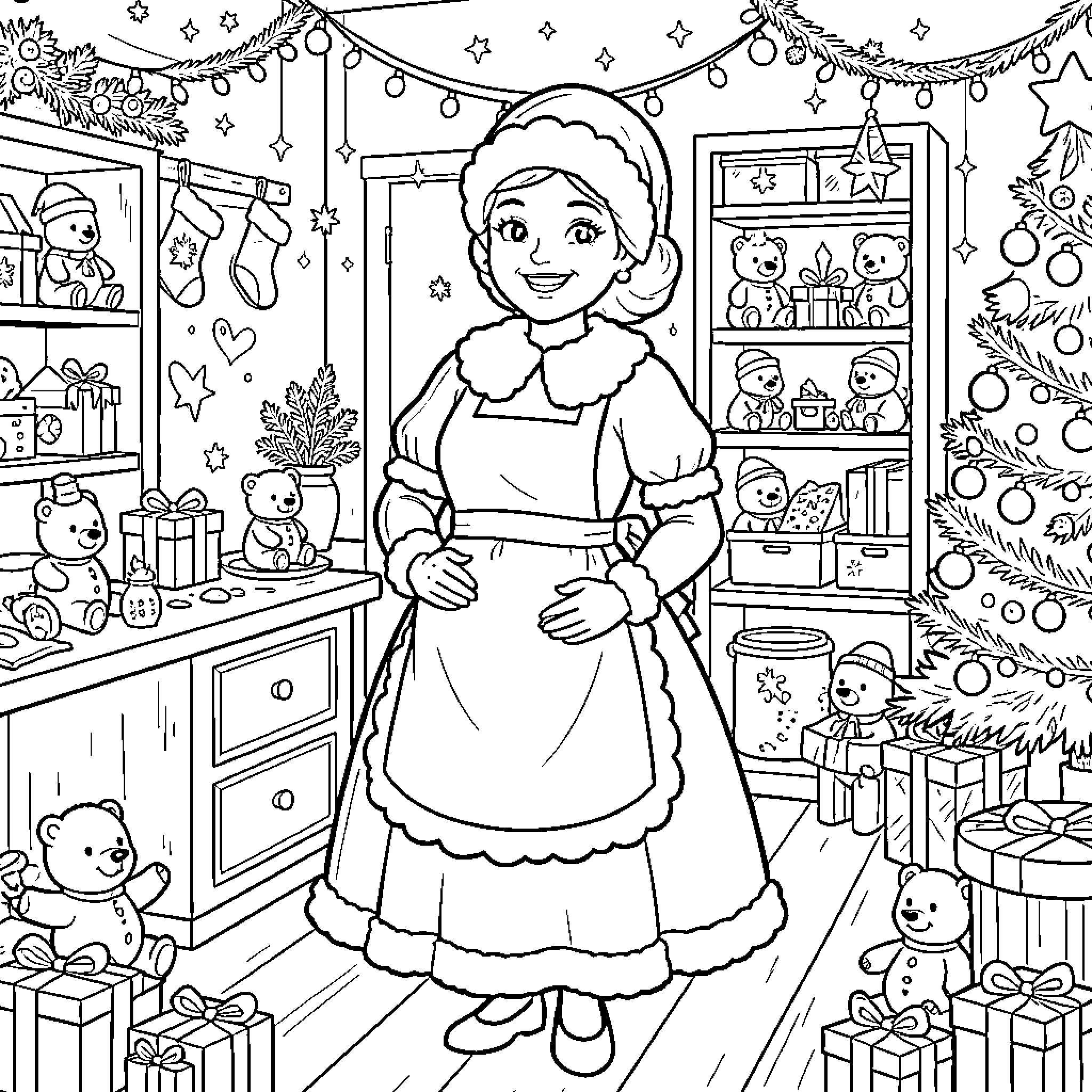 Mrs. Claus preparing for the holidays in her cozy home Coloring Page (free black-and-white line drawing printable PDF for all, from beginners to advanced learners, including children, teens, adults, and seniors)