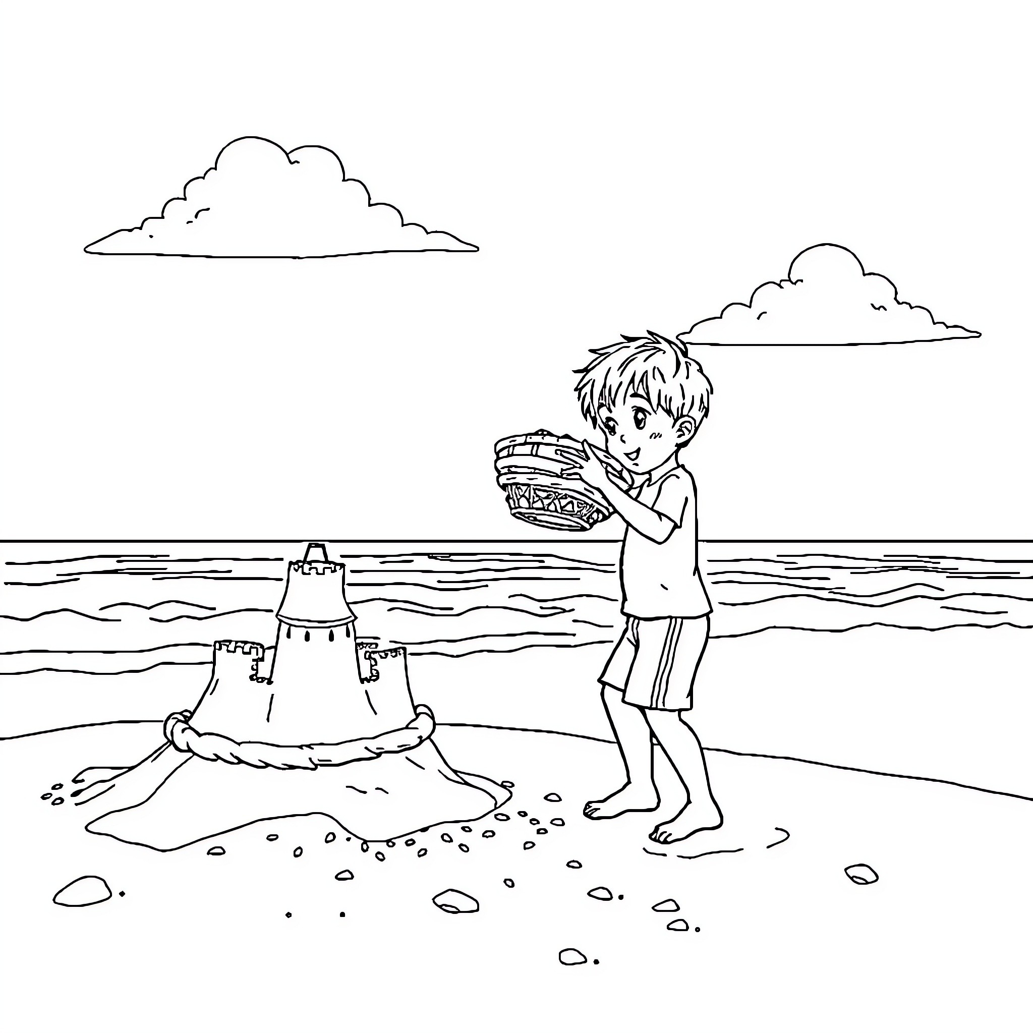 Boy playing in the sand and building a sandcastle on the beach Coloring Page (free black-and-white line drawing printable PDF for all, from beginners to advanced learners, including children, teens, adults, and seniors)