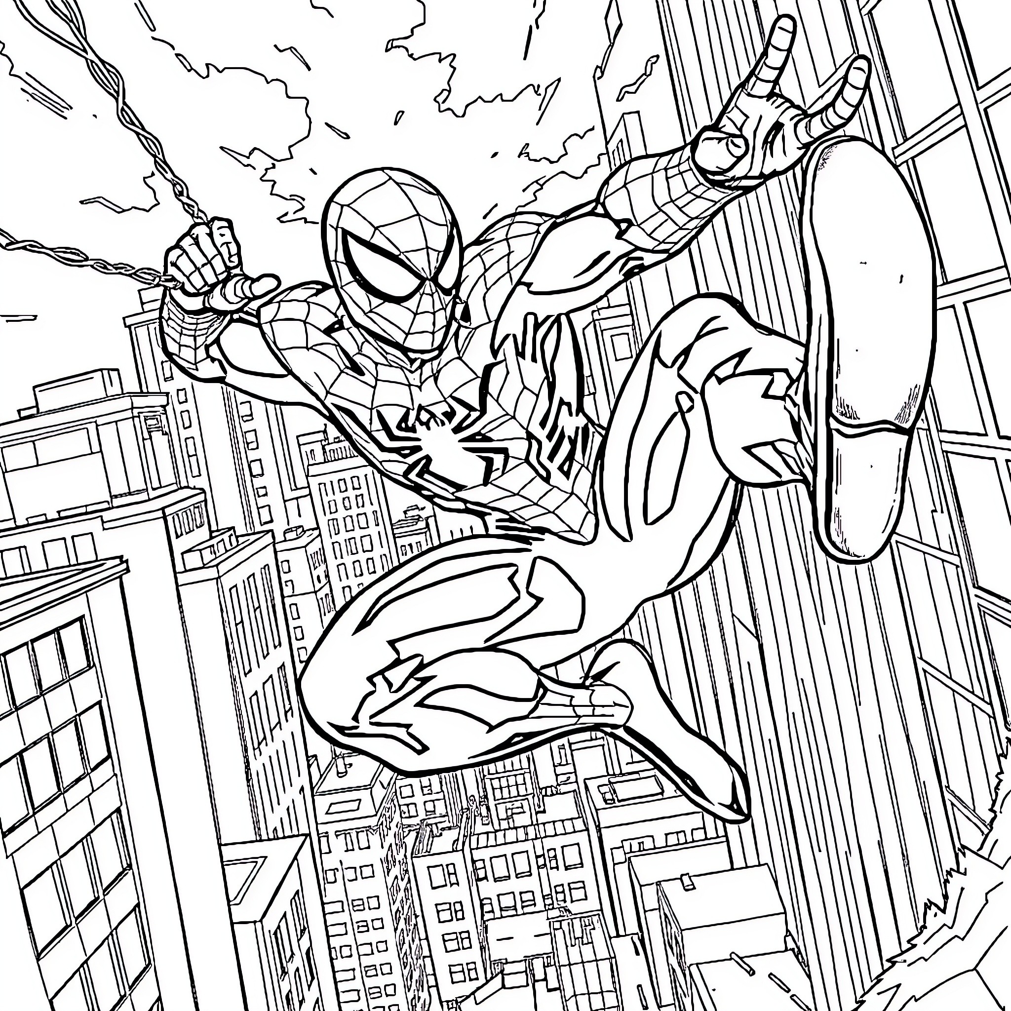 Spider-Man swinging through the city skyline Coloring Page (free black-and-white line drawing printable PDF for all, from beginners to advanced learners, including children, teens, adults, and seniors)