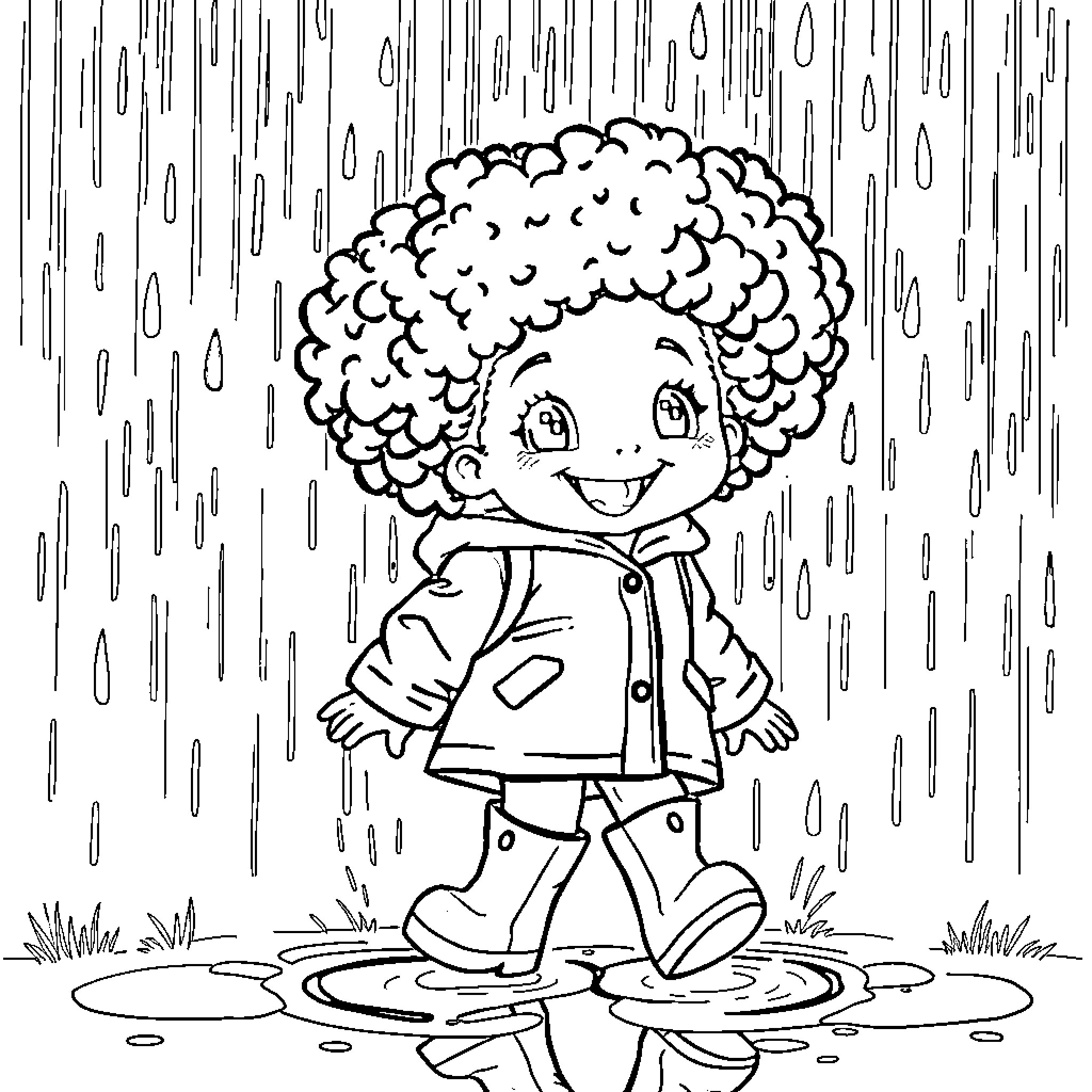 Girl walking joyfully in the rain Coloring Page (free black-and-white line drawing printable PDF for all, from beginners to advanced learners, including children, teens, adults, and seniors)