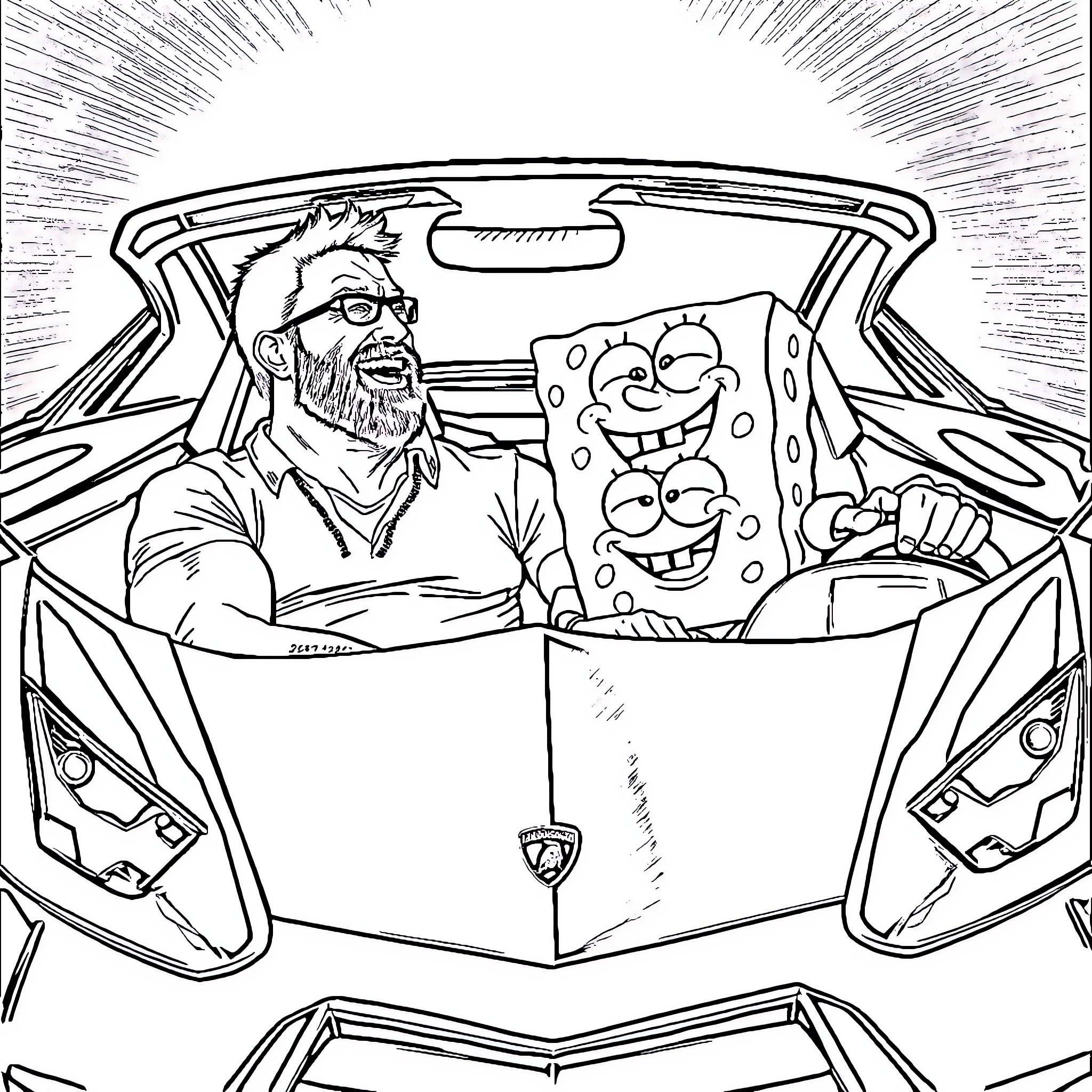 Chuck Norris' Wacky Road Trip with Spongebob Coloring Page (free black-and-white line drawing printable PDF for all, from beginners to advanced learners, including children, teens, adults, and seniors)