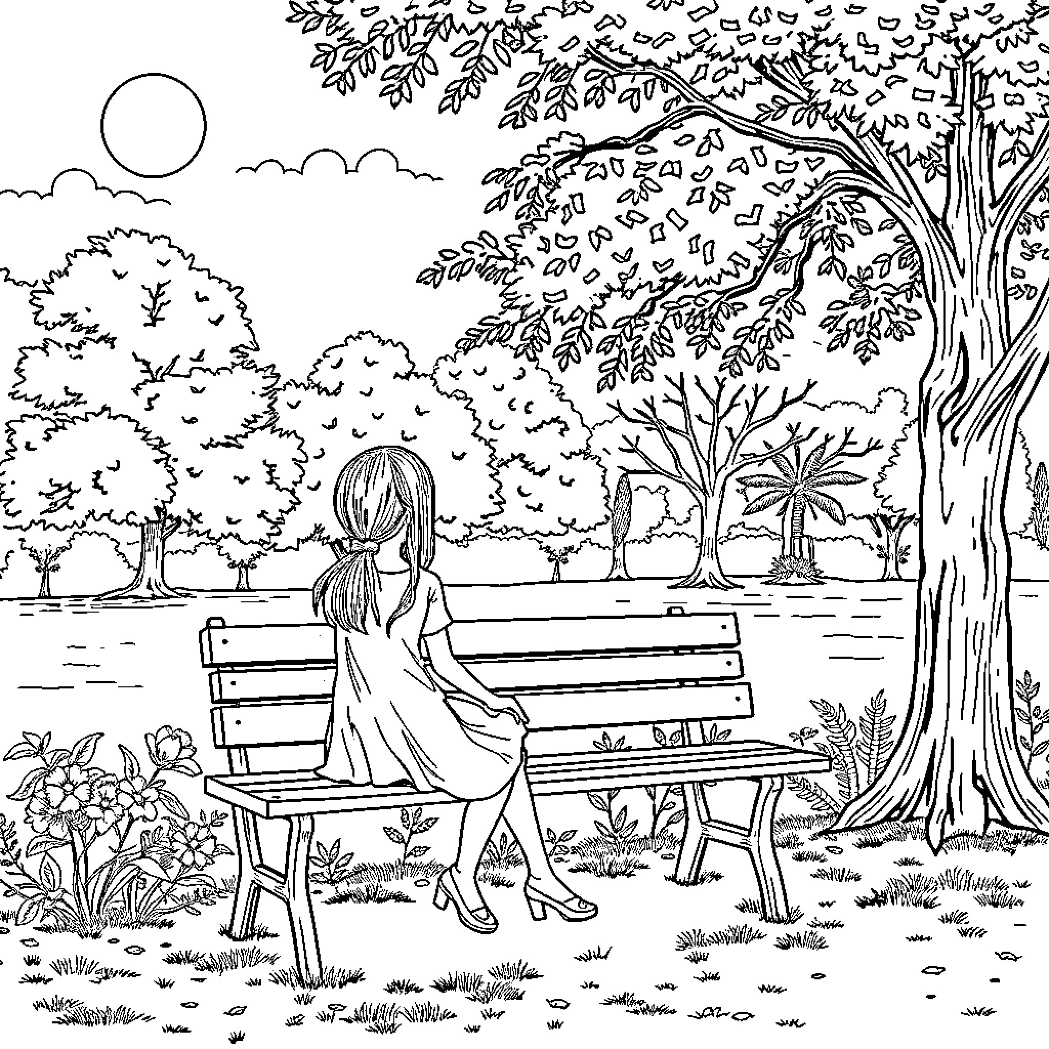 Girl sitting alone on a park bench Coloring Page (free black-and-white line drawing printable PDF for all, from beginners to advanced learners, including children, teens, adults, and seniors)