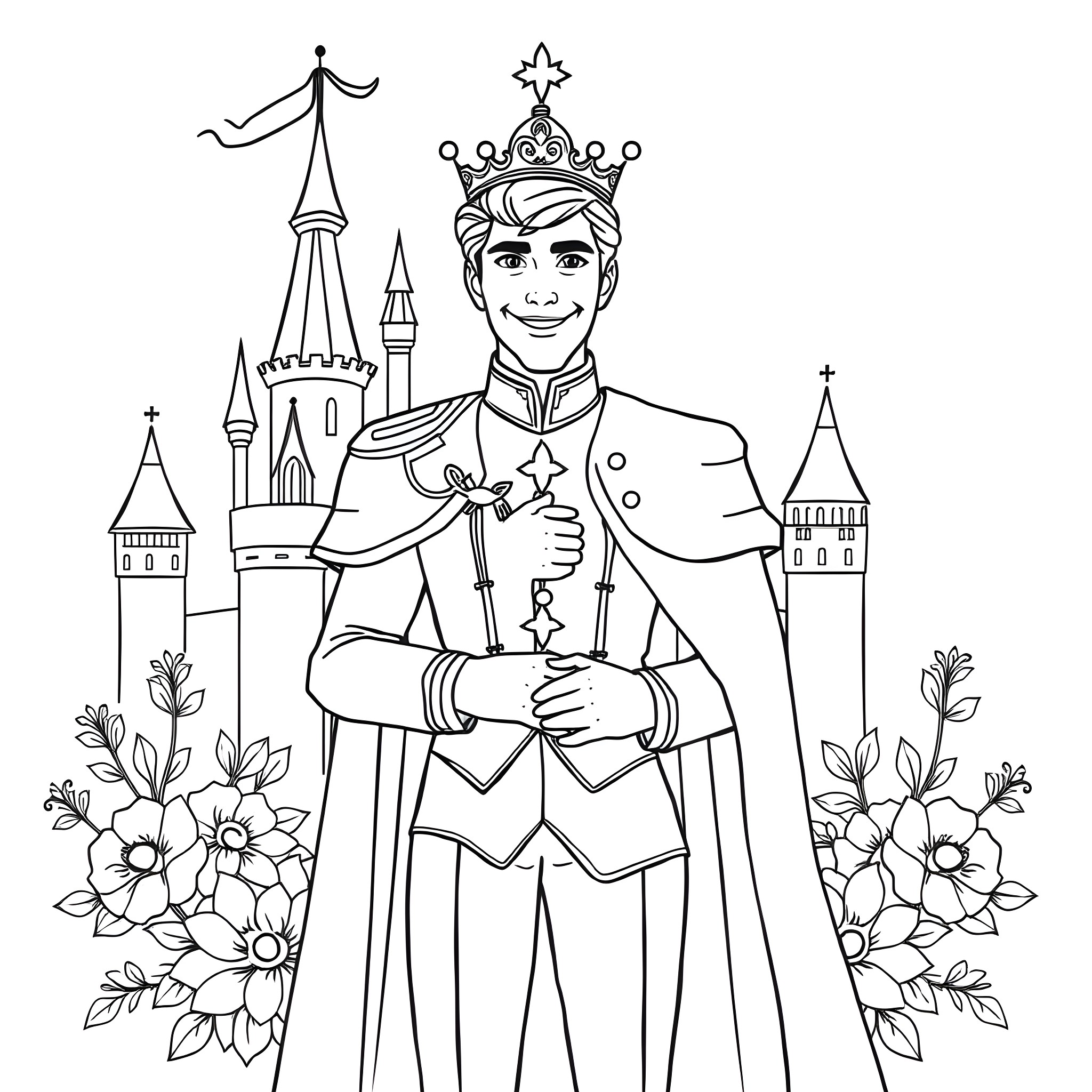 Prince in a Regal Pose with a Castle in the Background Coloring Page (free black-and-white line drawing printable PDF for all, from beginners to advanced learners, including children, teens, adults, and seniors)