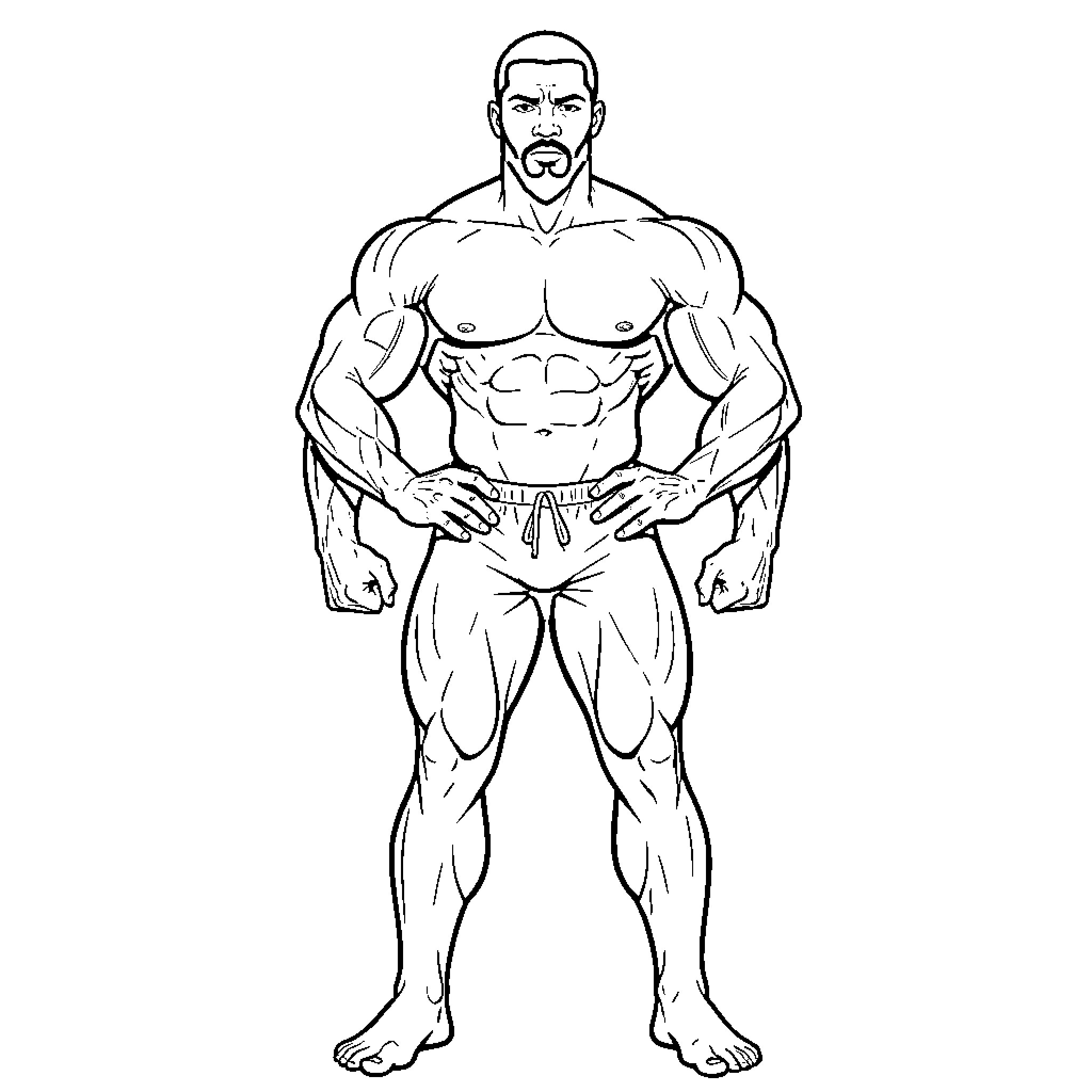 Hombre posing confidently while showing muscular physique Coloring Page (free black-and-white line drawing printable PDF for all, from beginners to advanced learners, including children, teens, adults, and seniors)