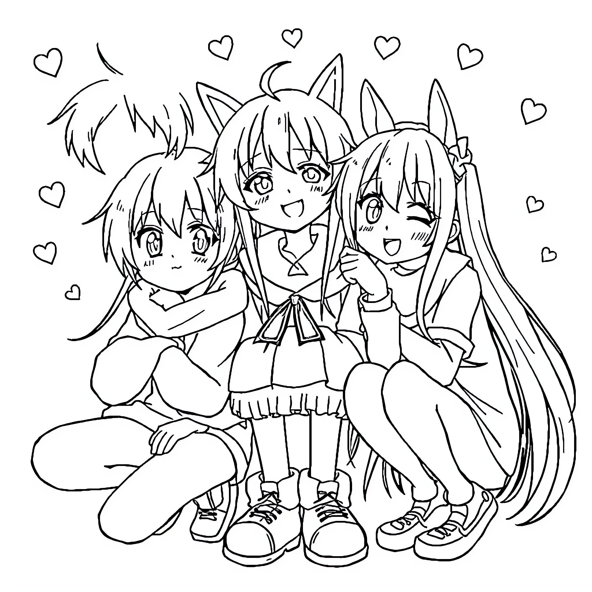 Anime Trio of Cheerful Anime Characters Coloring Page (free black-and-white line drawing printable PDF for all, from beginners to advanced learners, including children, teens, adults, and seniors)