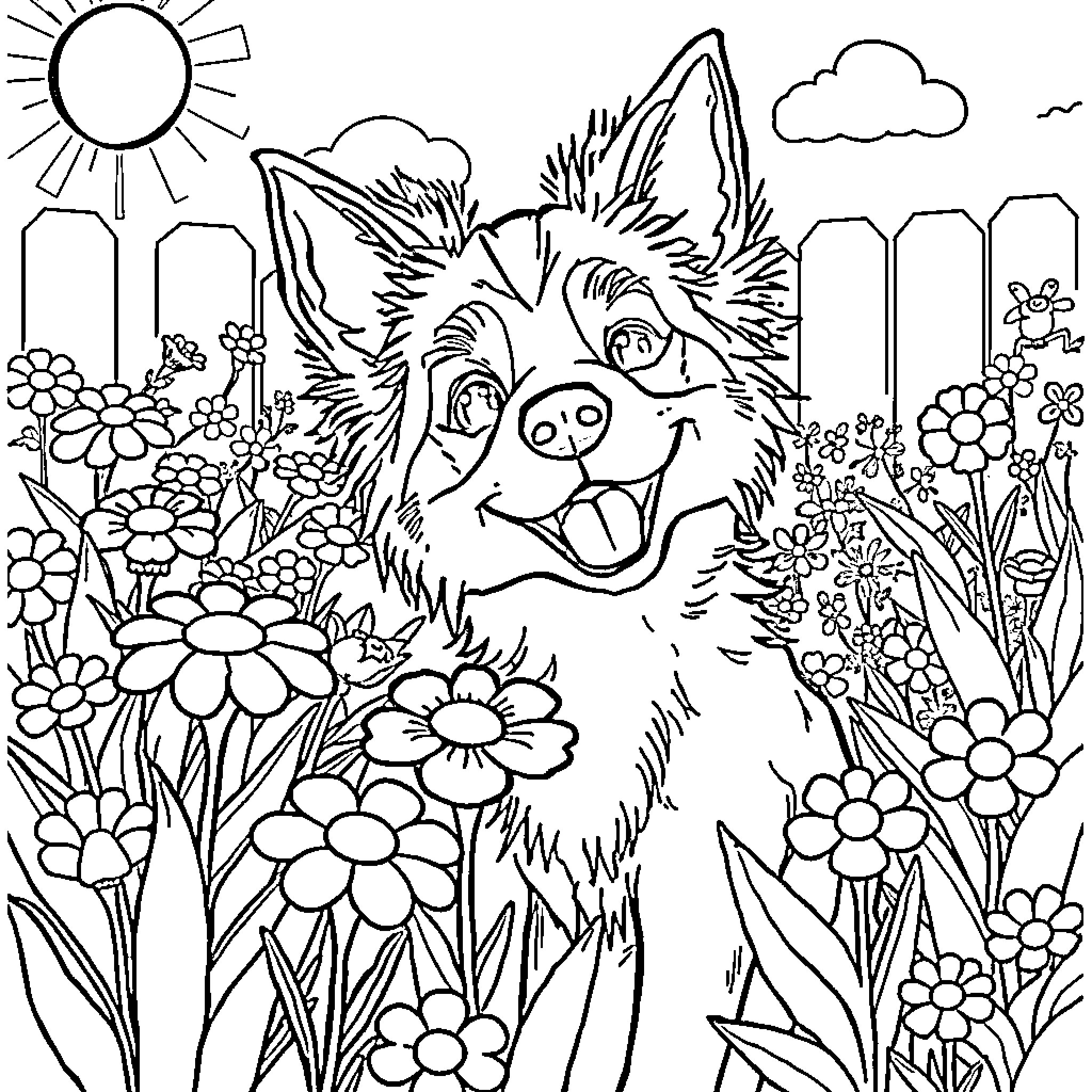 Remi's Playful Garden Adventure Coloring Page (free black-and-white line drawing printable PDF for all, from beginners to advanced learners, including children, teens, adults, and seniors)