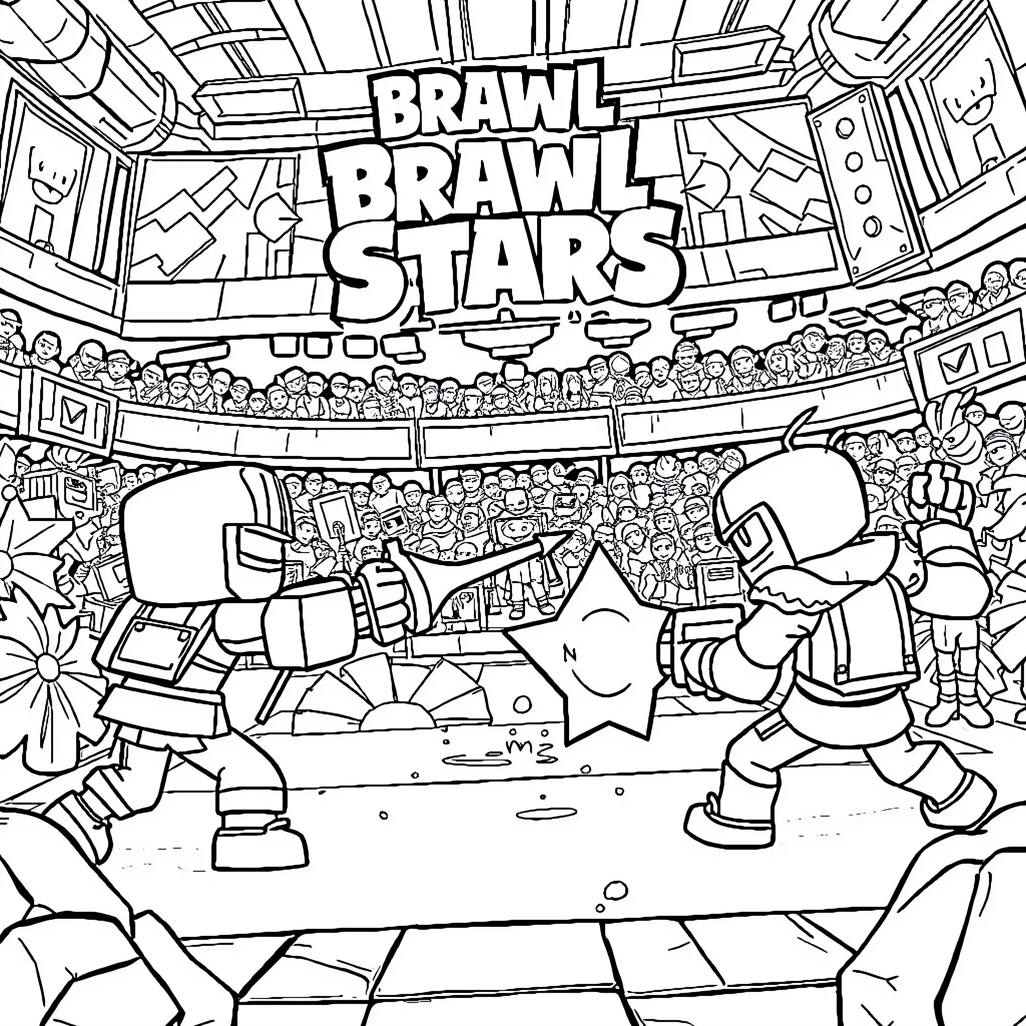 Brawl Stars Characters in Action-Packed Arena Coloring Page (free black-and-white line drawing printable PDF for all, from beginners to advanced learners, including children, teens, adults, and seniors)