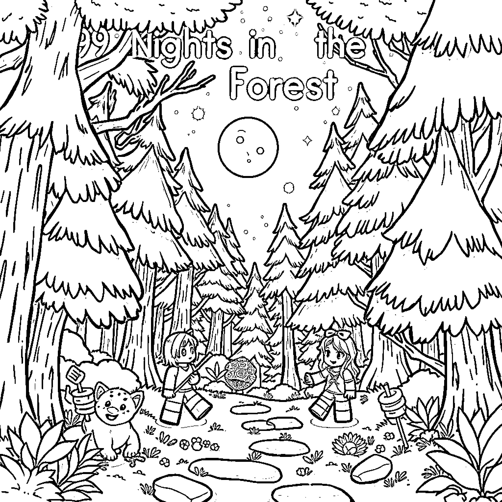 Roblox Characters in the Forest Coloring Page (free black-and-white line drawing printable PDF for all, from beginners to advanced learners, including children, teens, adults, and seniors)