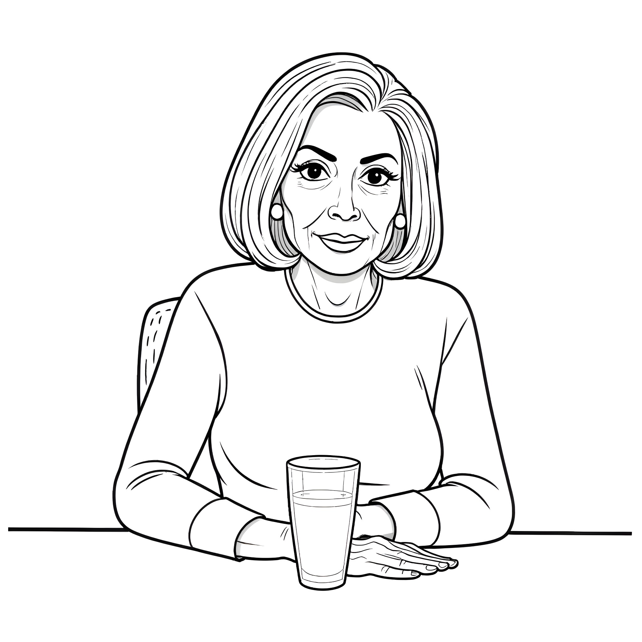 Pelosi in a thoughtful pose with a glass Coloring Page (free black-and-white line drawing printable PDF for all, from beginners to advanced learners, including children, teens, adults, and seniors)