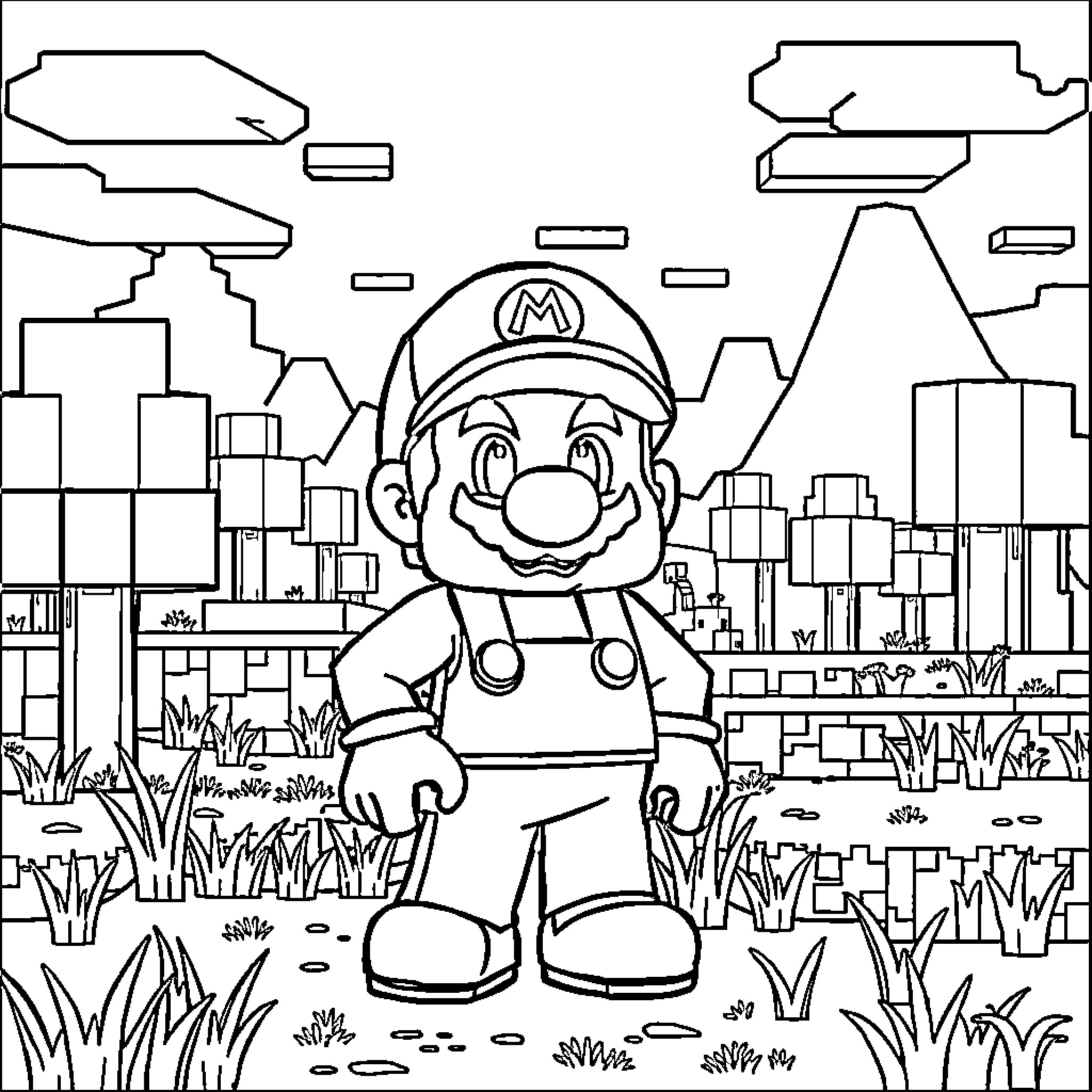 Mario's Adventure Through the City Landscape Coloring Page (free black-and-white line drawing printable PDF for all, from beginners to advanced learners, including children, teens, adults, and seniors)