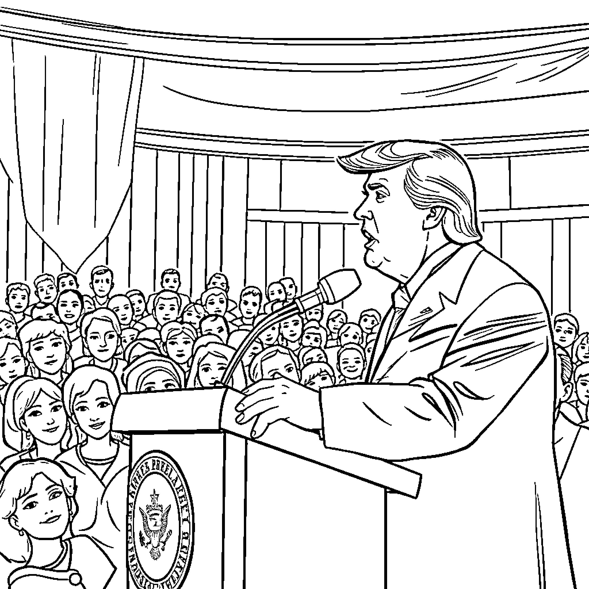 Trump Addressing a Large Crowd in an Auditorium Coloring Page (free black-and-white line drawing printable PDF for all, from beginners to advanced learners, including children, teens, adults, and seniors)