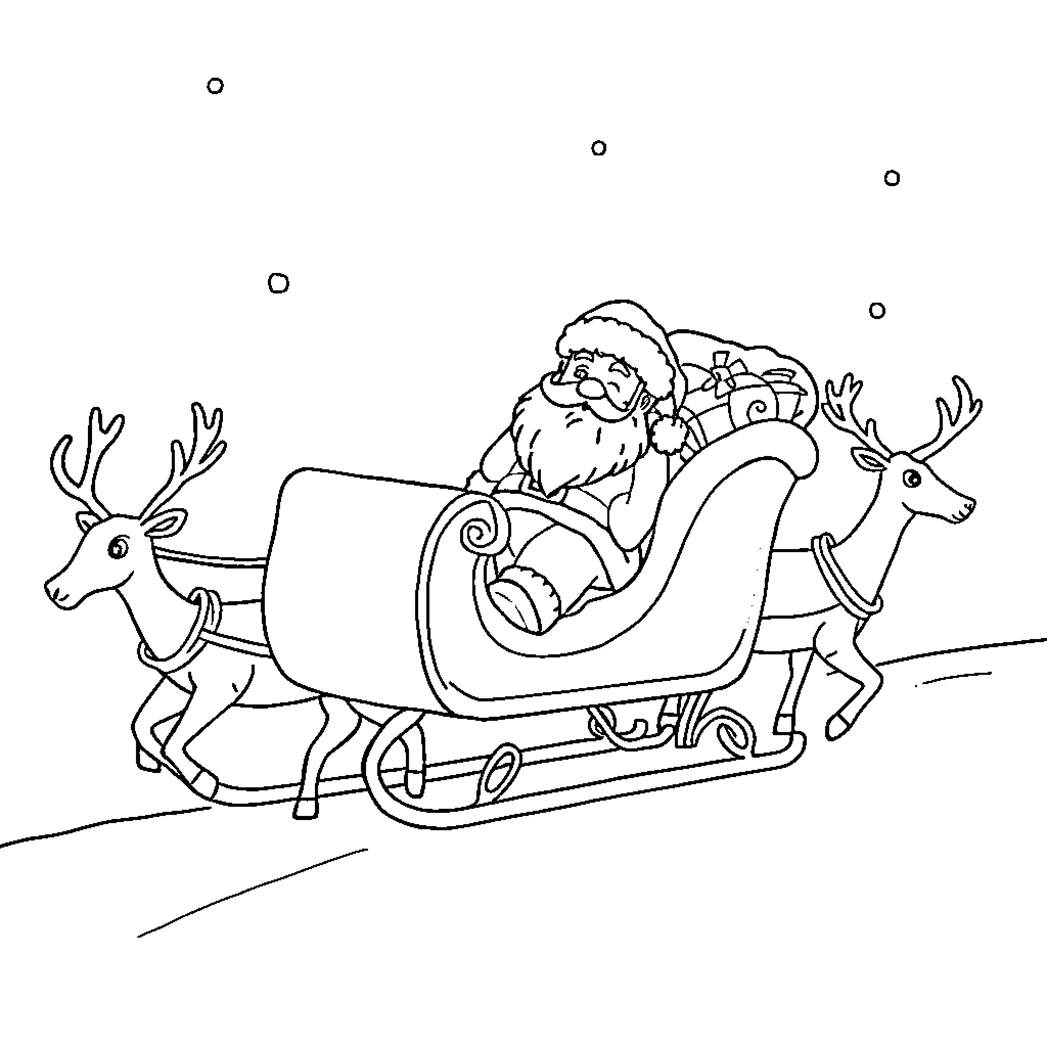 Sleigh ride with Santa and reindeers Coloring Page (free black-and-white line drawing printable PDF for all, from beginners to advanced learners, including children, teens, adults, and seniors)
