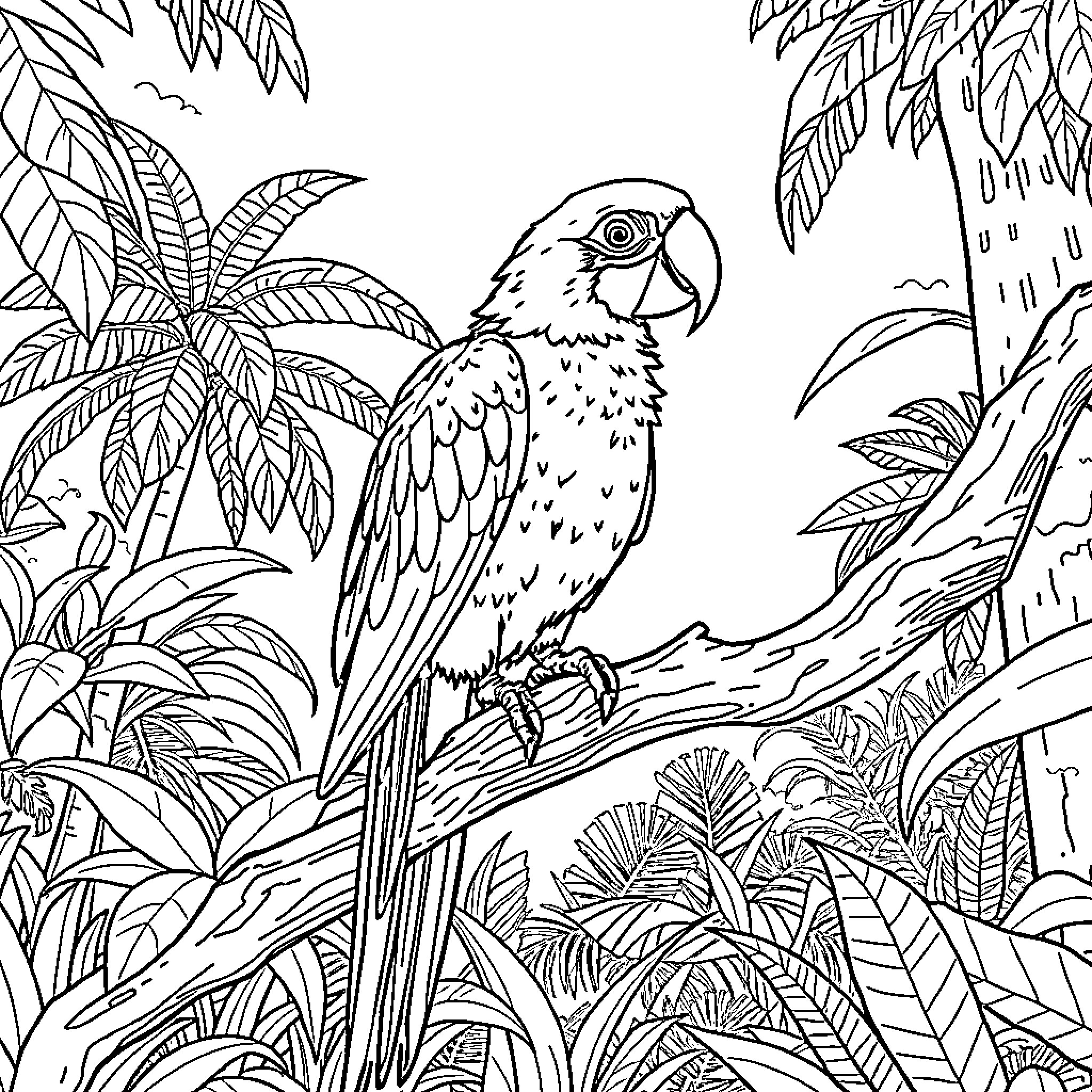 Parrot perched in lush tropical foliage Coloring Page (free black-and-white line drawing printable PDF for all, from beginners to advanced learners, including children, teens, adults, and seniors)