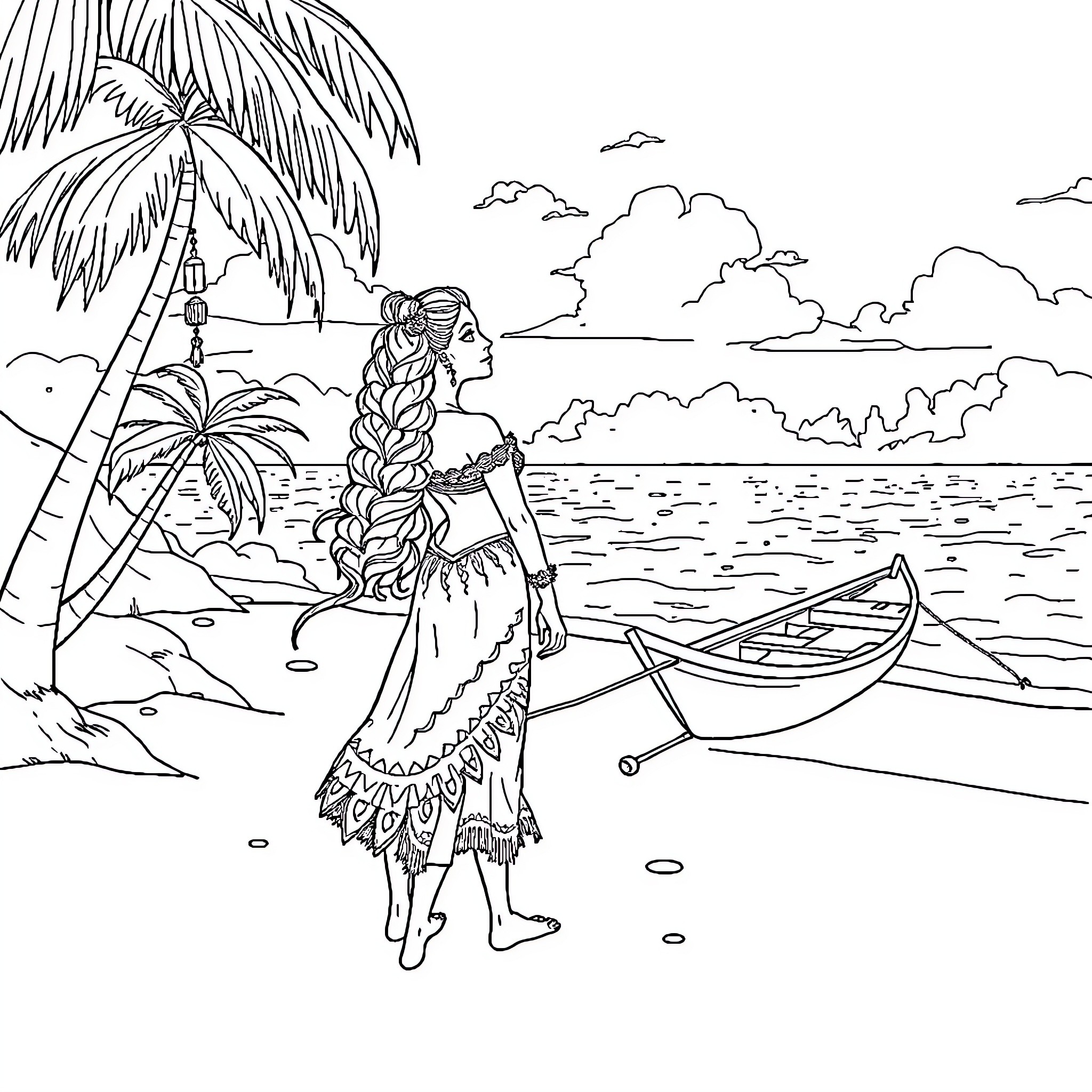 Vaiana exploring the tropical island paradise Coloring Page (free black-and-white line drawing printable PDF for all, from beginners to advanced learners, including children, teens, adults, and seniors)