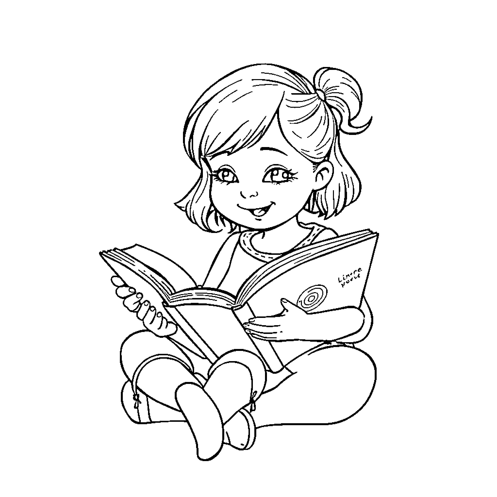 Little My reading an interesting book Coloring Page (free black-and-white line drawing printable PDF for all, from beginners to advanced learners, including children, teens, adults, and seniors)