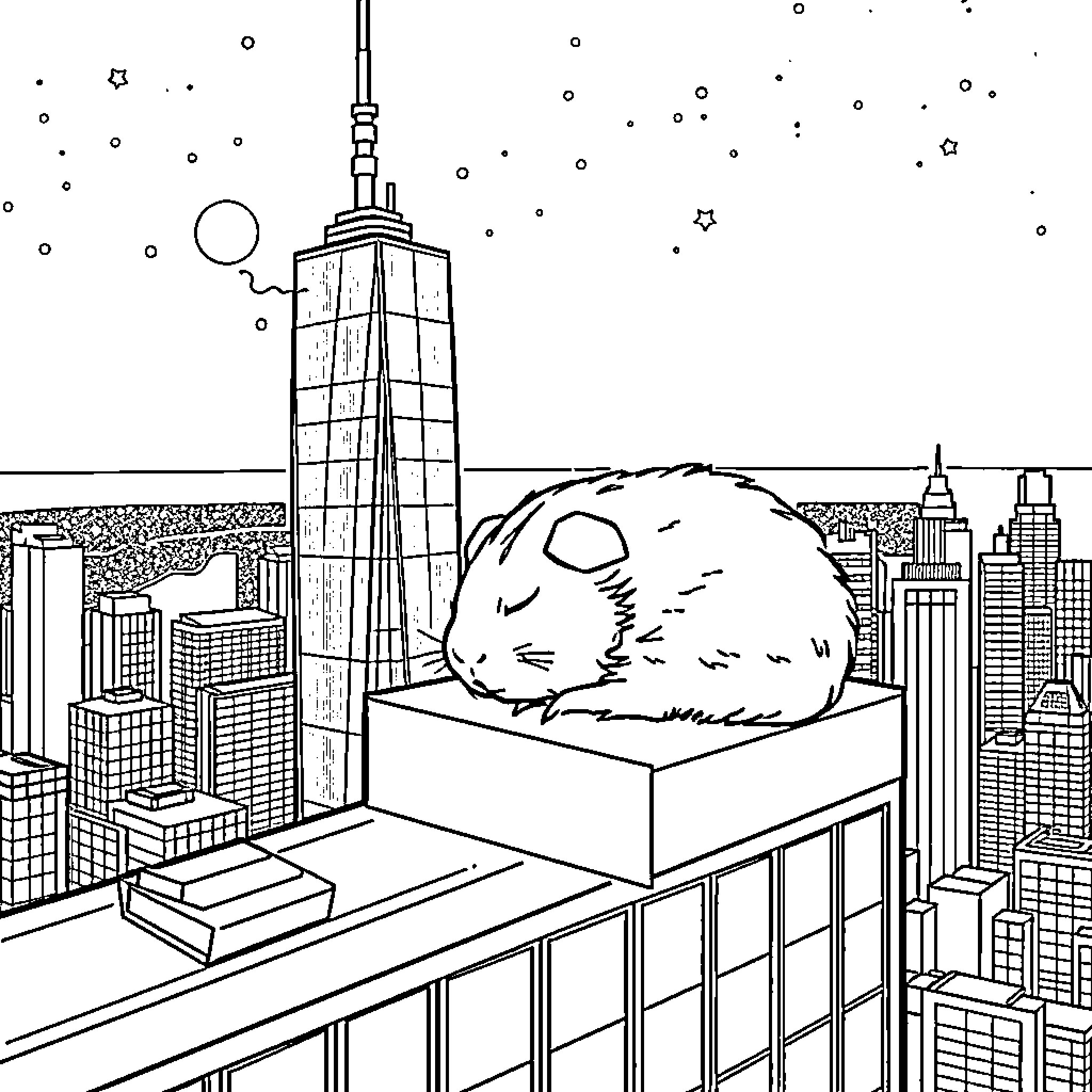 Guineapig napping on the edge of a skyscraper Coloring Page (free black-and-white line drawing printable PDF for all, from beginners to advanced learners, including children, teens, adults, and seniors)