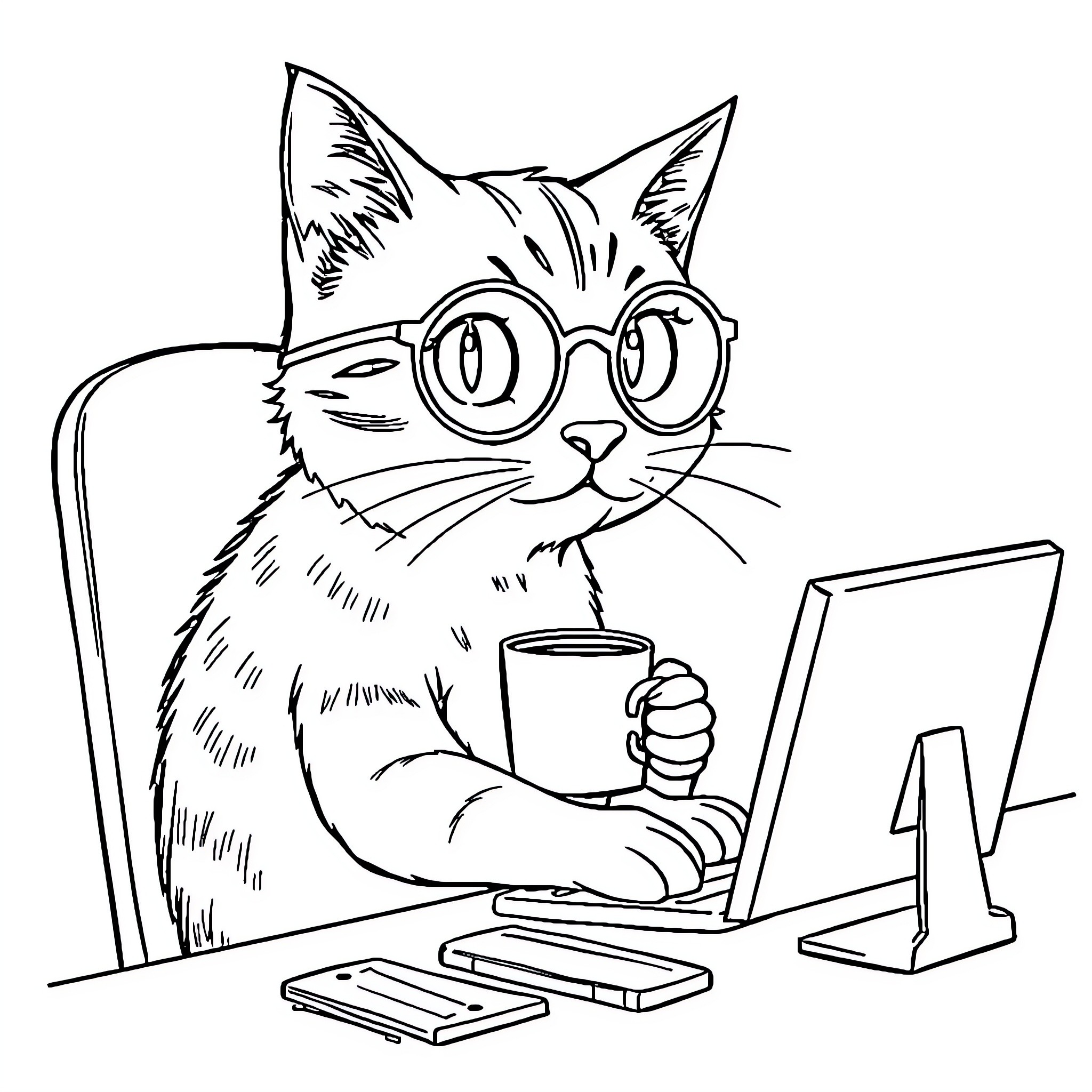 Cat using computer with coffee Coloring Page (free black-and-white line drawing printable PDF for all, from beginners to advanced learners, including children, teens, adults, and seniors)