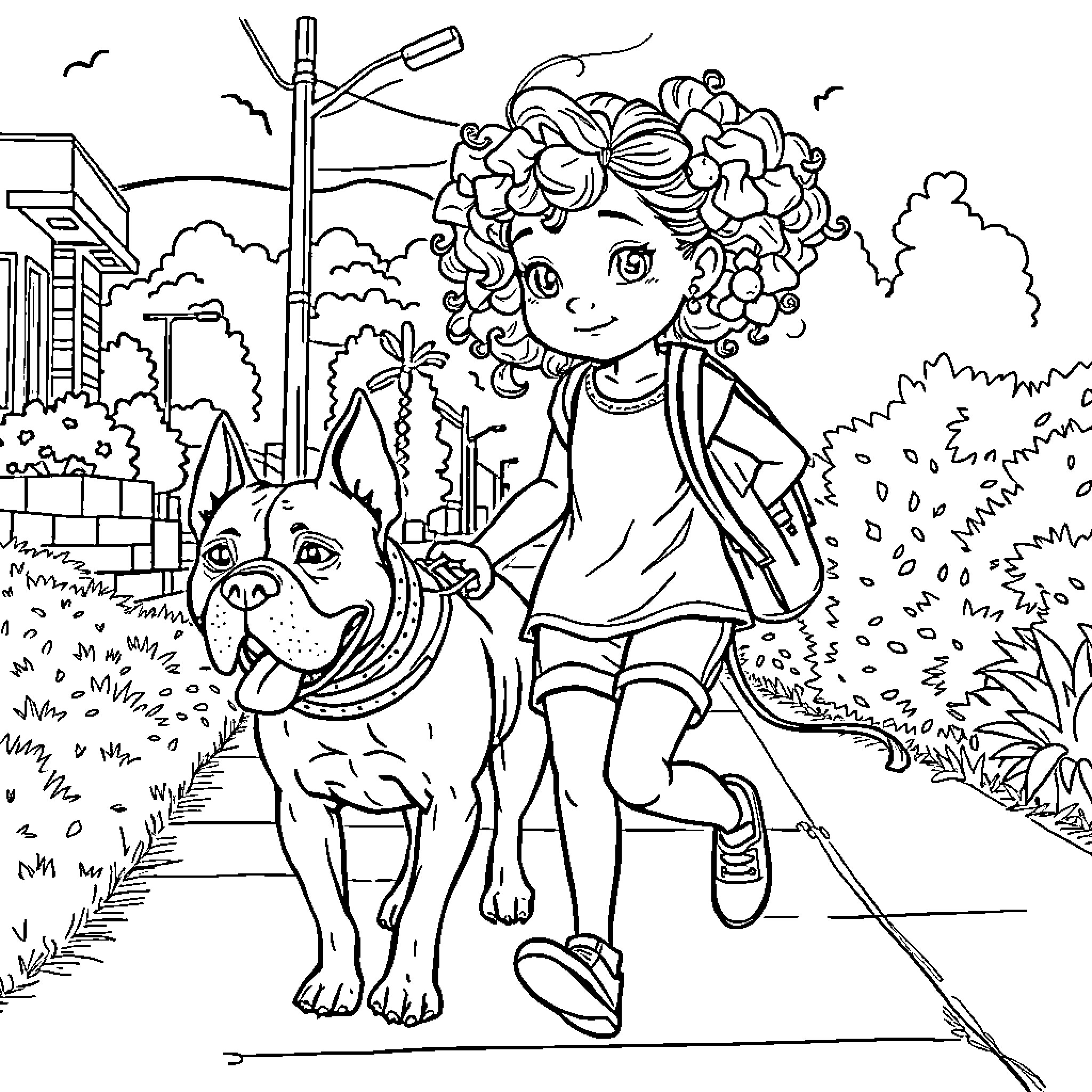 Girl and her playful pet dog strolling in the park Coloring Page (free black-and-white line drawing printable PDF for all, from beginners to advanced learners, including children, teens, adults, and seniors)
