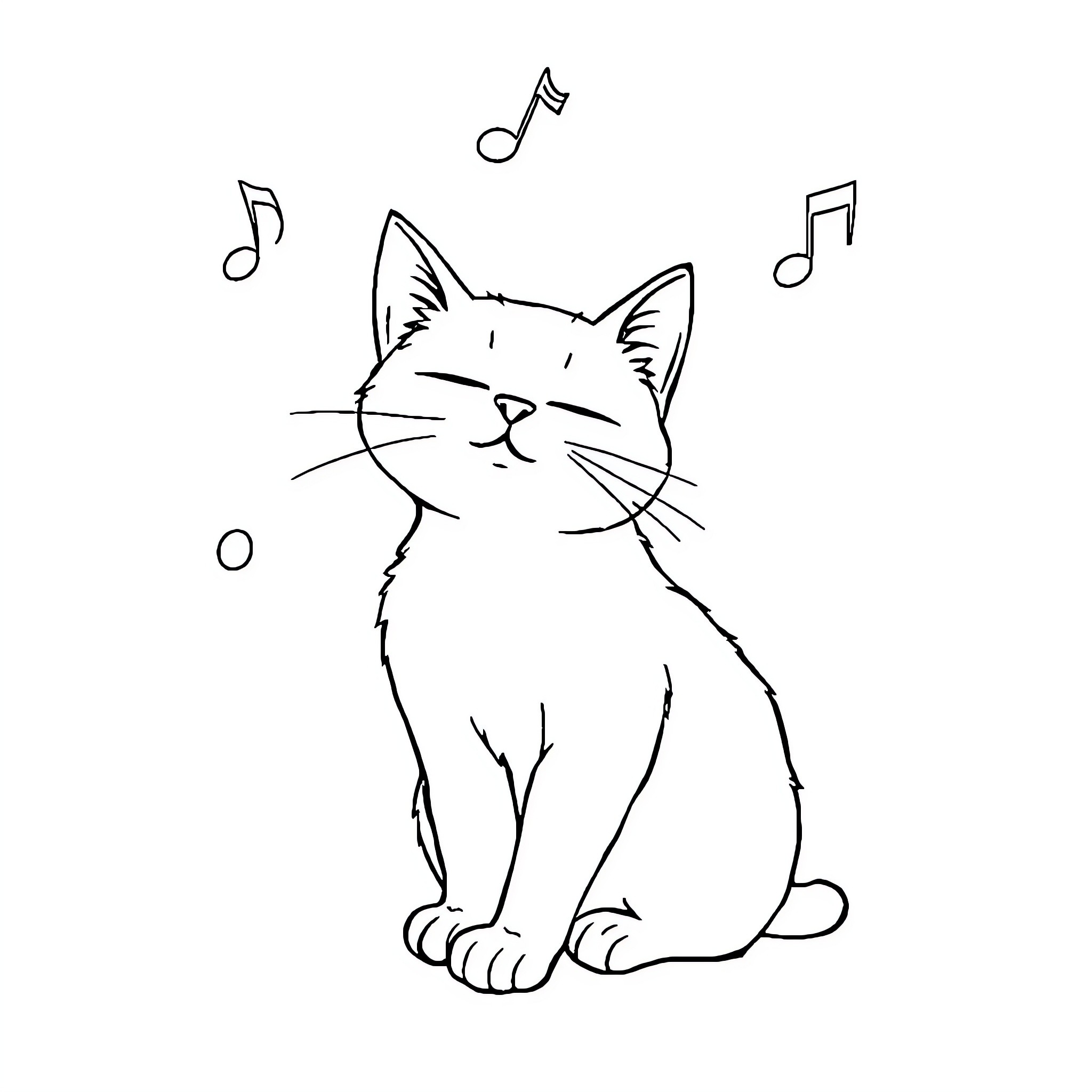 Cat singing joyfully with musical notes Coloring Page (free black-and-white line drawing printable PDF for all, from beginners to advanced learners, including children, teens, adults, and seniors)