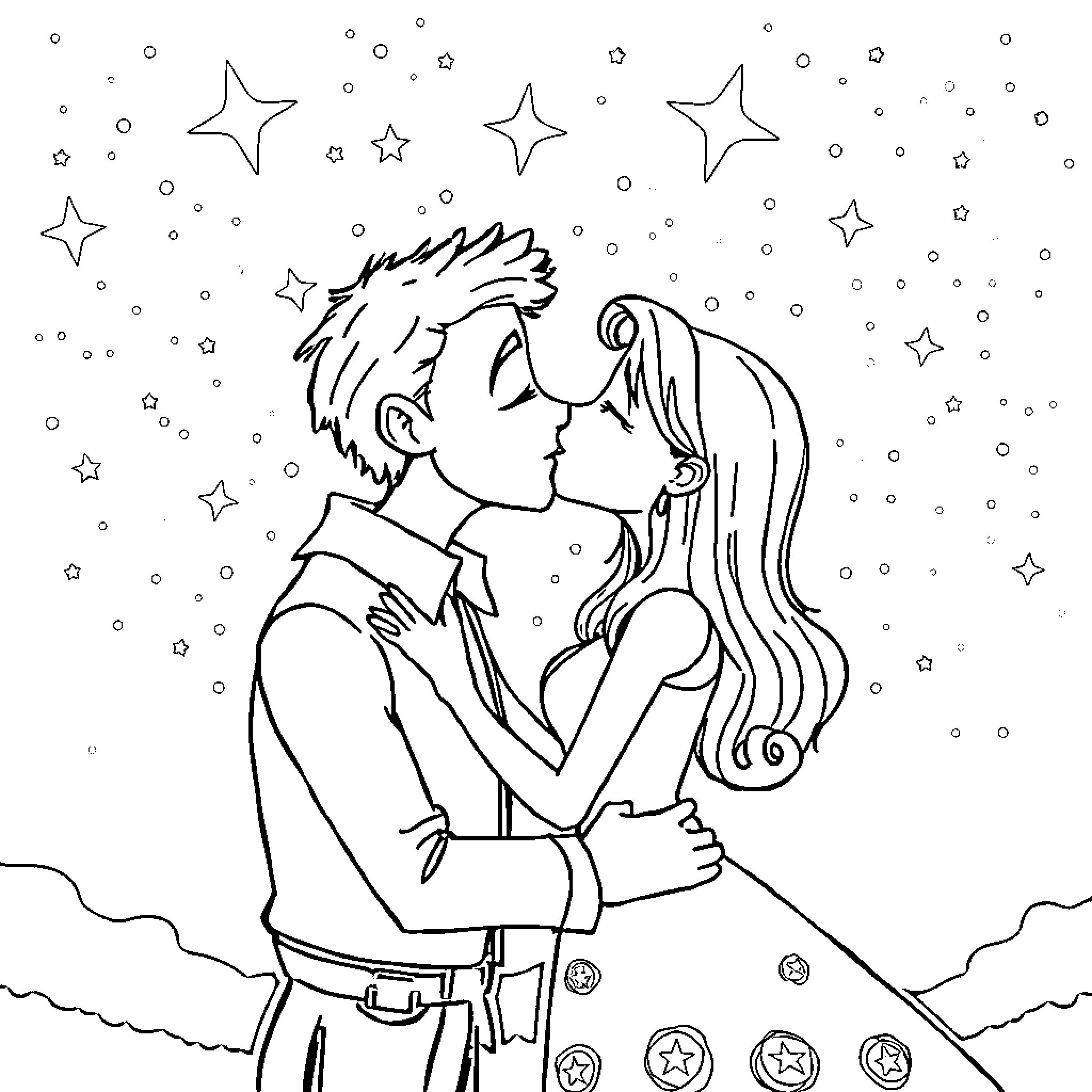Jack and Sally sharing a starry night embrace Coloring Page (free black-and-white line drawing printable PDF for all, from beginners to advanced learners, including children, teens, adults, and seniors)