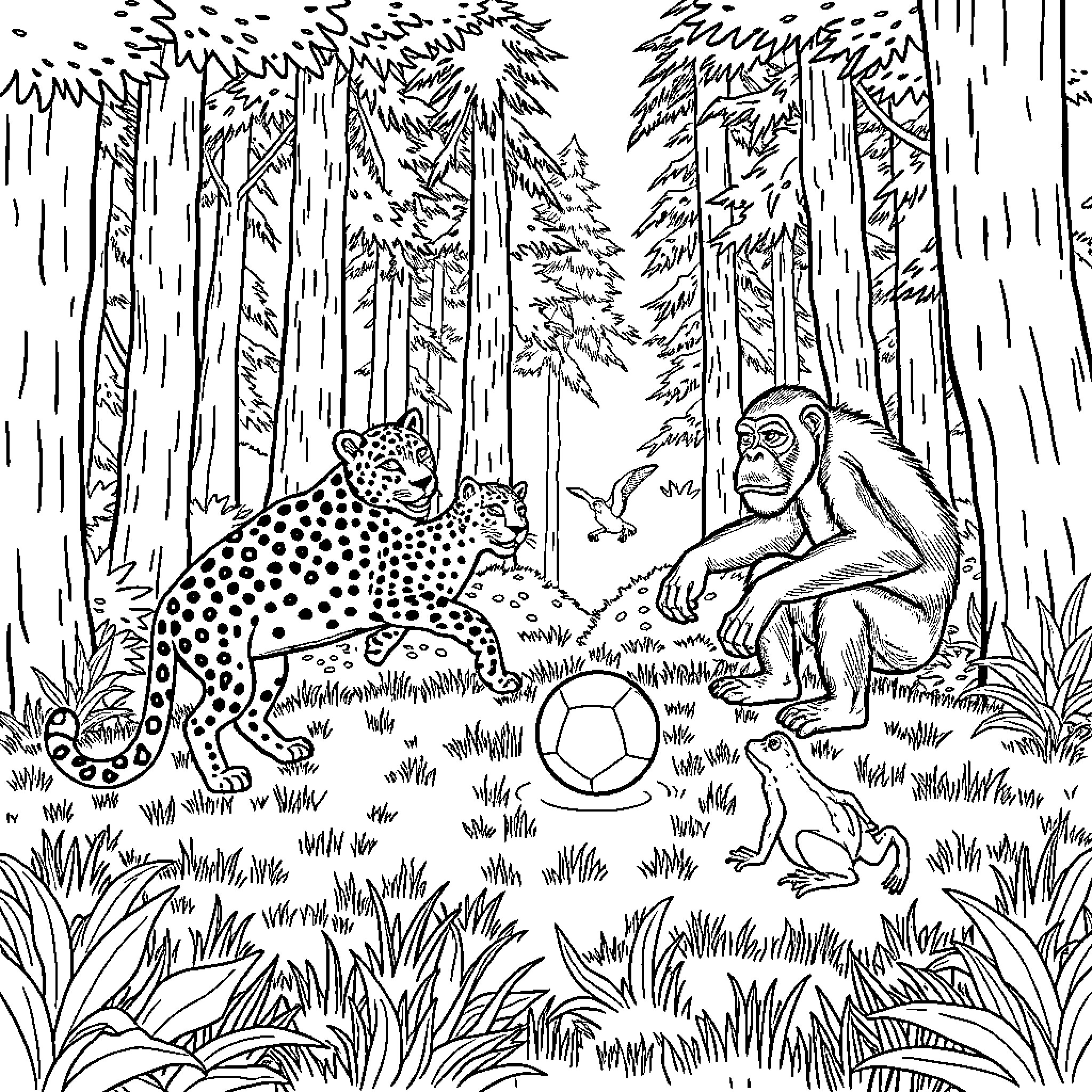 Animal friends in the forest Coloring Page (free black-and-white line drawing printable PDF for all, from beginners to advanced learners, including children, teens, adults, and seniors)