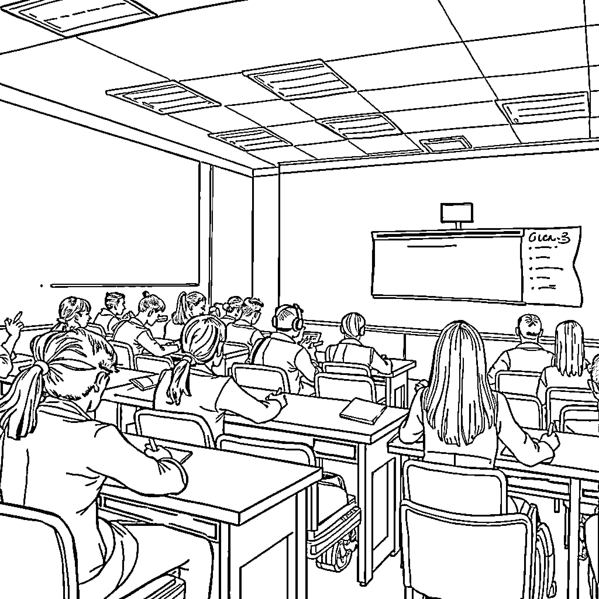 Classroom students engaged in learning activity Coloring Page (free black-and-white line drawing printable PDF for all, from beginners to advanced learners, including children, teens, adults, and seniors)