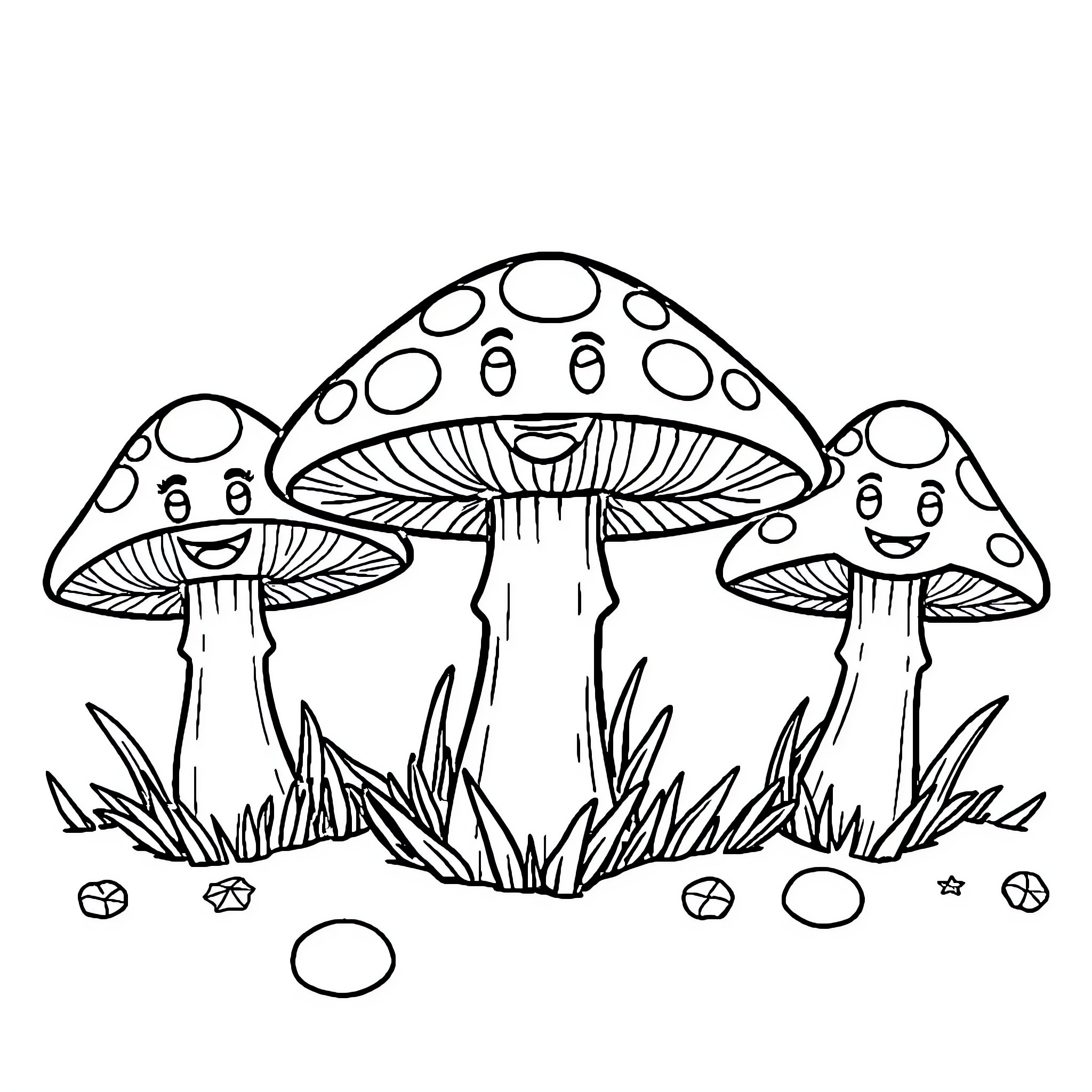 Mushroom friends enjoying a day in the forest Coloring Page (free black-and-white line drawing printable PDF for all, from beginners to advanced learners, including children, teens, adults, and seniors)