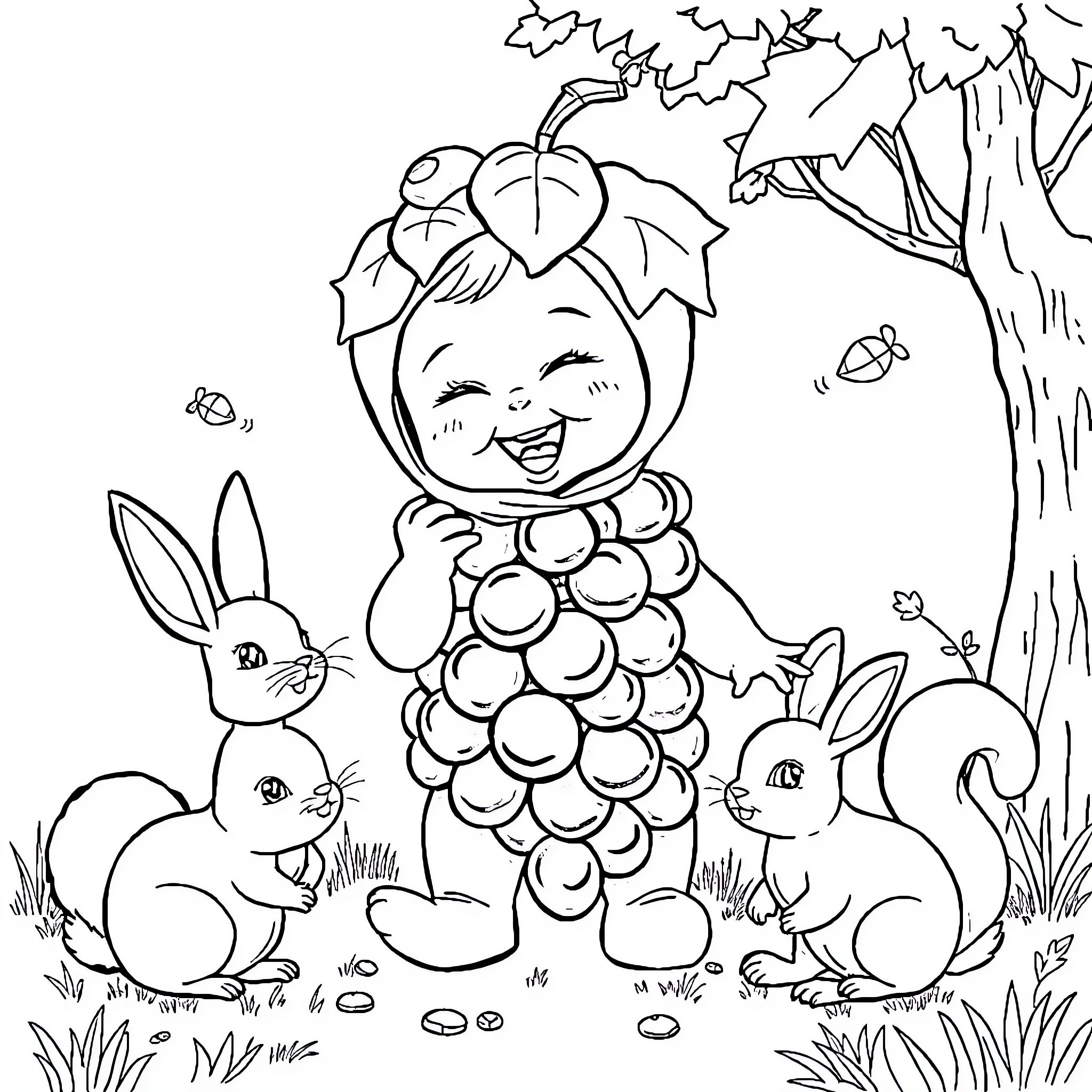 Baby dressed as grapes playing with bunnies in nature Coloring Page (free black-and-white line drawing printable PDF for all, from beginners to advanced learners, including children, teens, adults, and seniors)