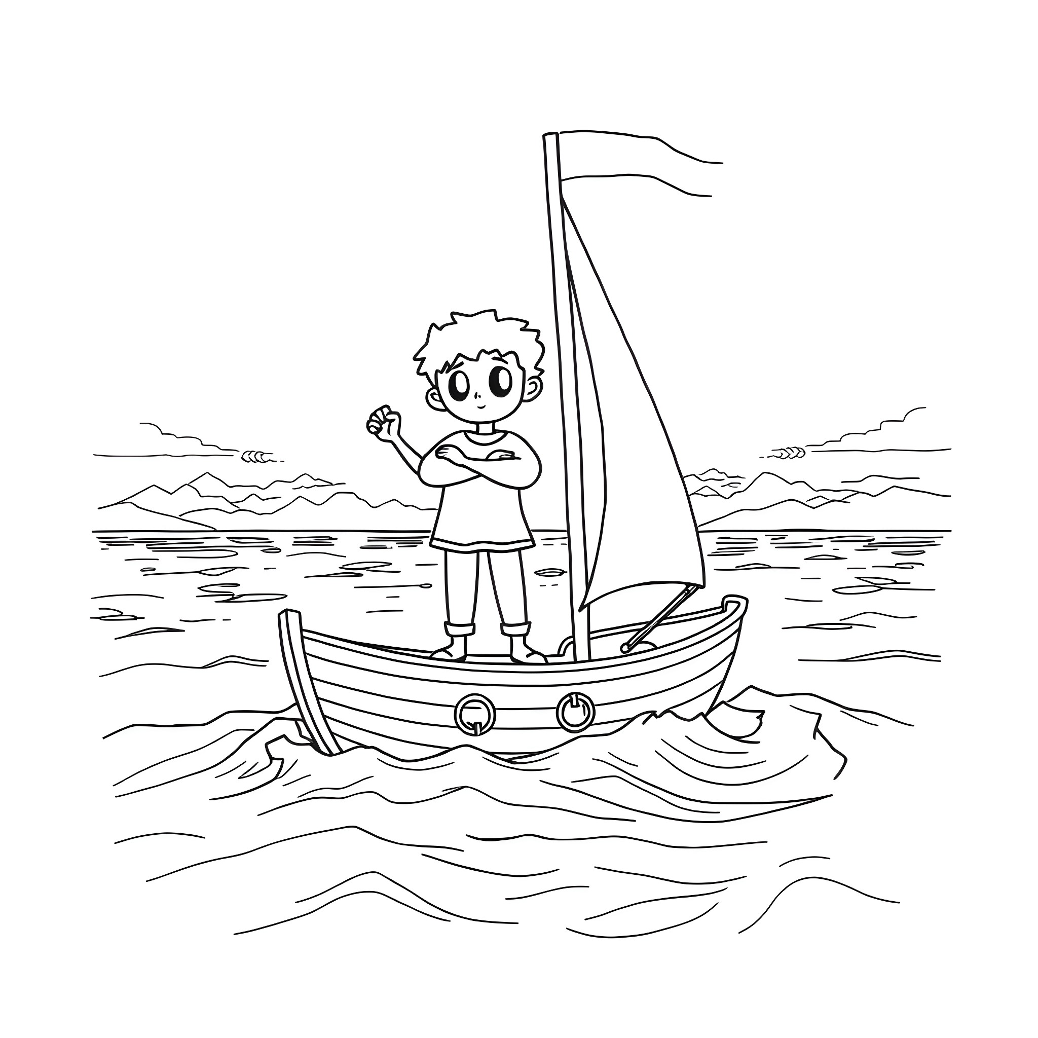 Izzy Hands enjoys sailing on the open sea Coloring Page (free black-and-white line drawing printable PDF for all, from beginners to advanced learners, including children, teens, adults, and seniors)