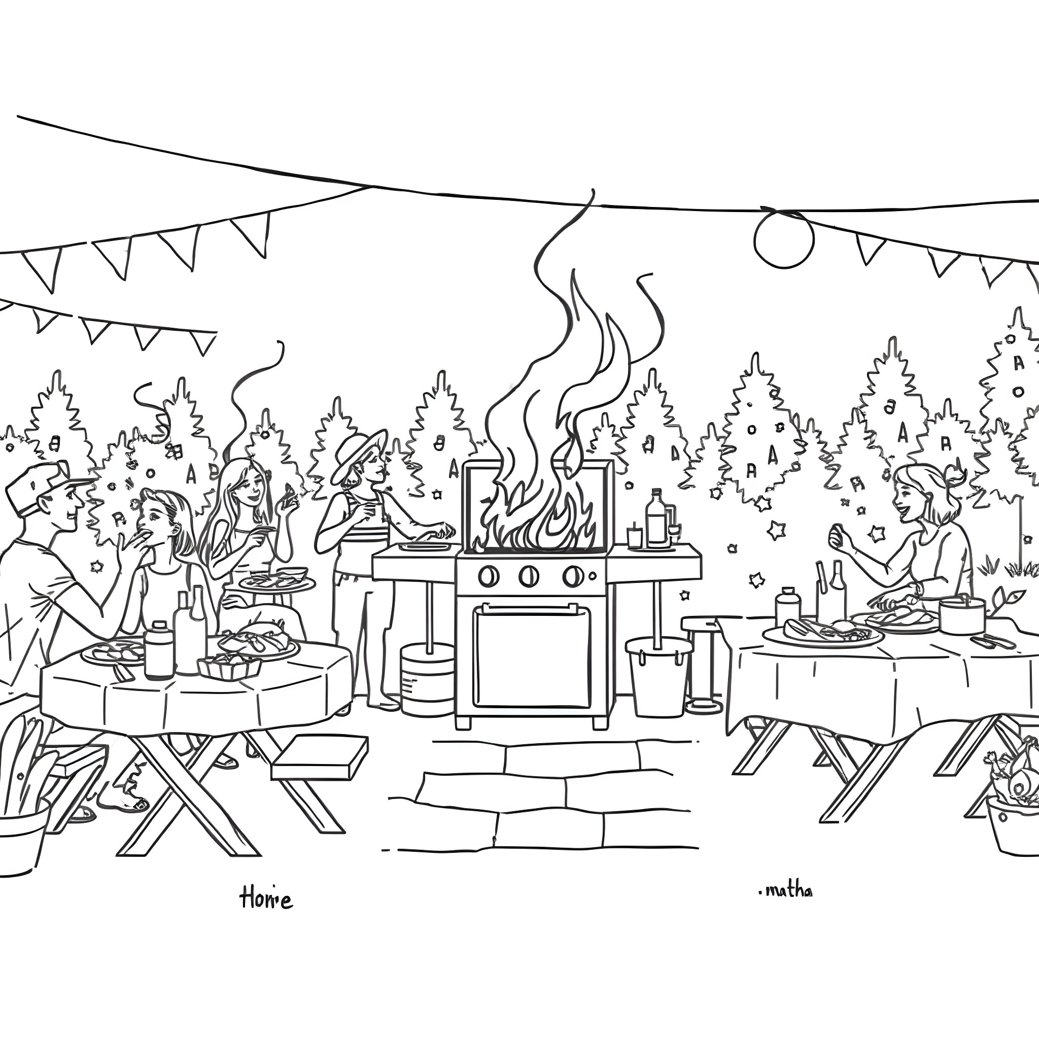 BBQ party with festive decorations and friends Coloring Page (free black-and-white line drawing printable PDF for all, from beginners to advanced learners, including children, teens, adults, and seniors)