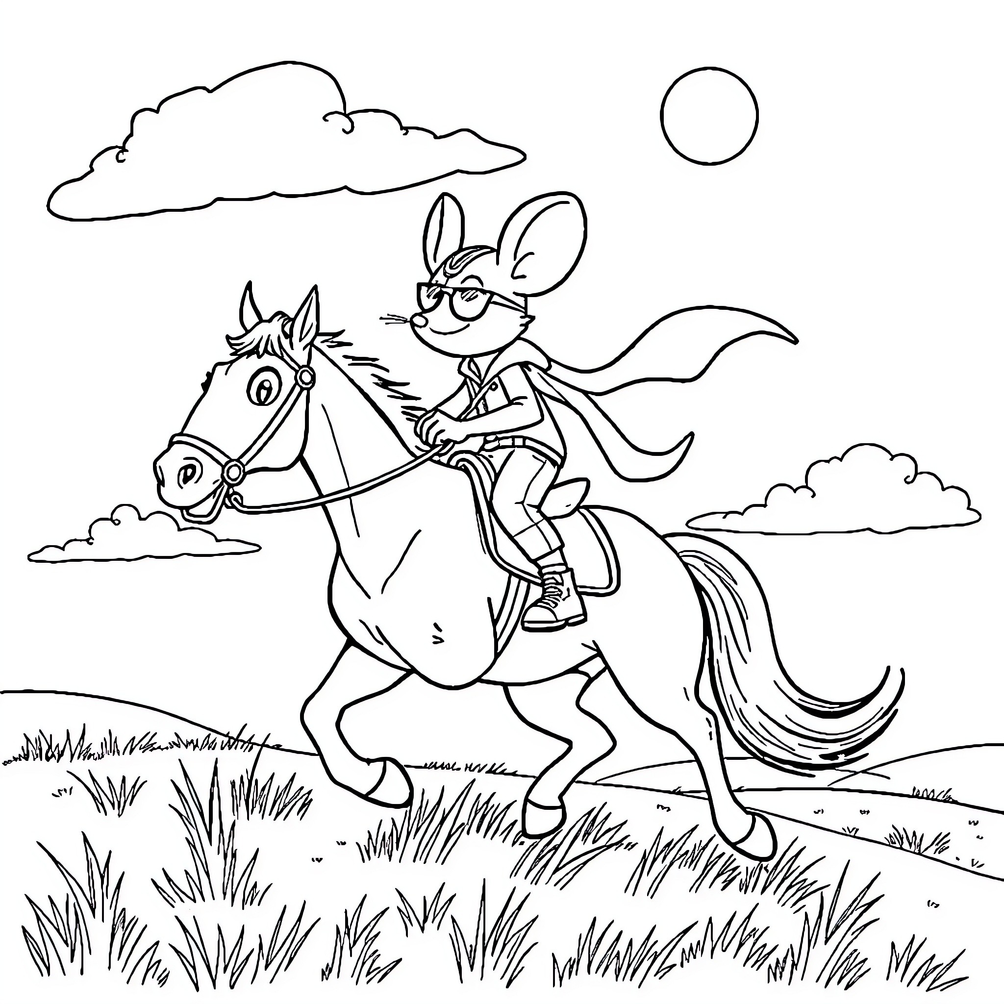 Mouse riding horse across countryside Coloring Page (free black-and-white line drawing printable PDF for all, from beginners to advanced learners, including children, teens, adults, and seniors)