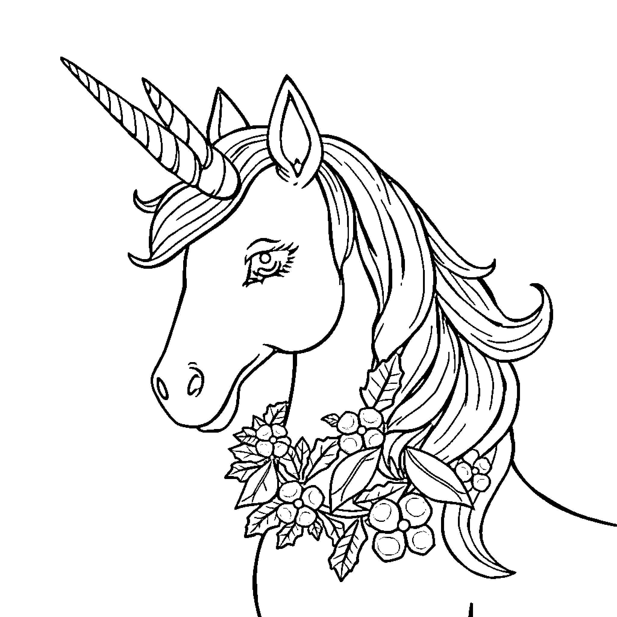 Unicorn with Flowing Mane and Floral Adornments Coloring Page (free black-and-white line drawing printable PDF for all, from beginners to advanced learners, including children, teens, adults, and seniors)
