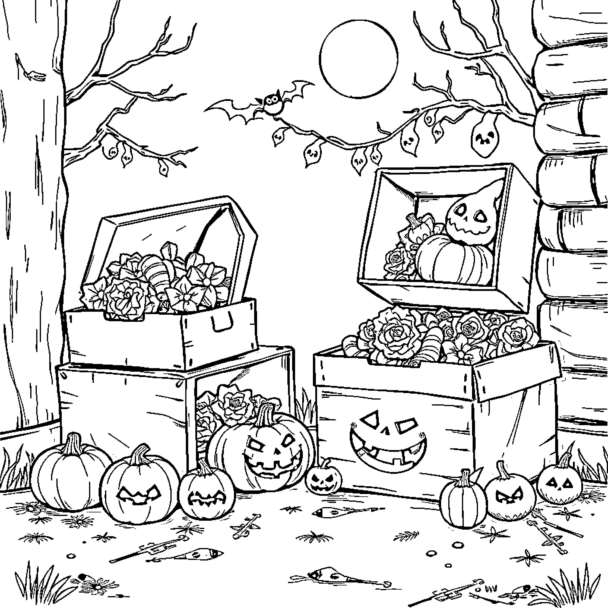 Halloween Decorations and Pumpkins in the Forest Coloring Page (free black-and-white line drawing printable PDF for all, from beginners to advanced learners, including children, teens, adults, and seniors)