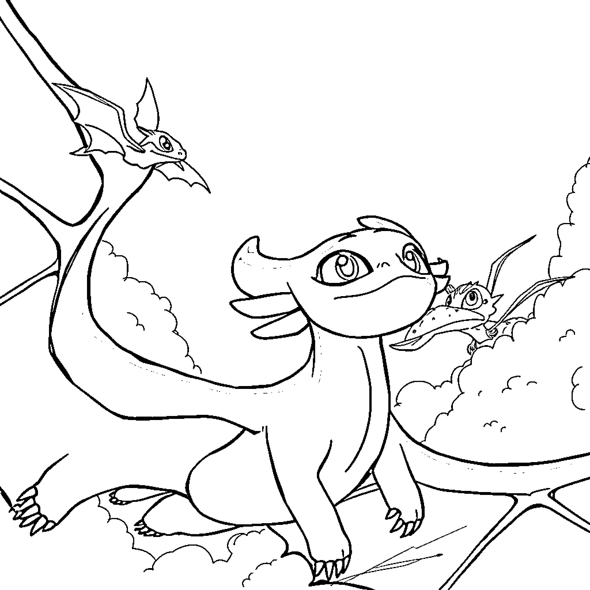 Toothless dragon and its companion soaring in the sky Coloring Page (free black-and-white line drawing printable PDF for all, from beginners to advanced learners, including children, teens, adults, and seniors)