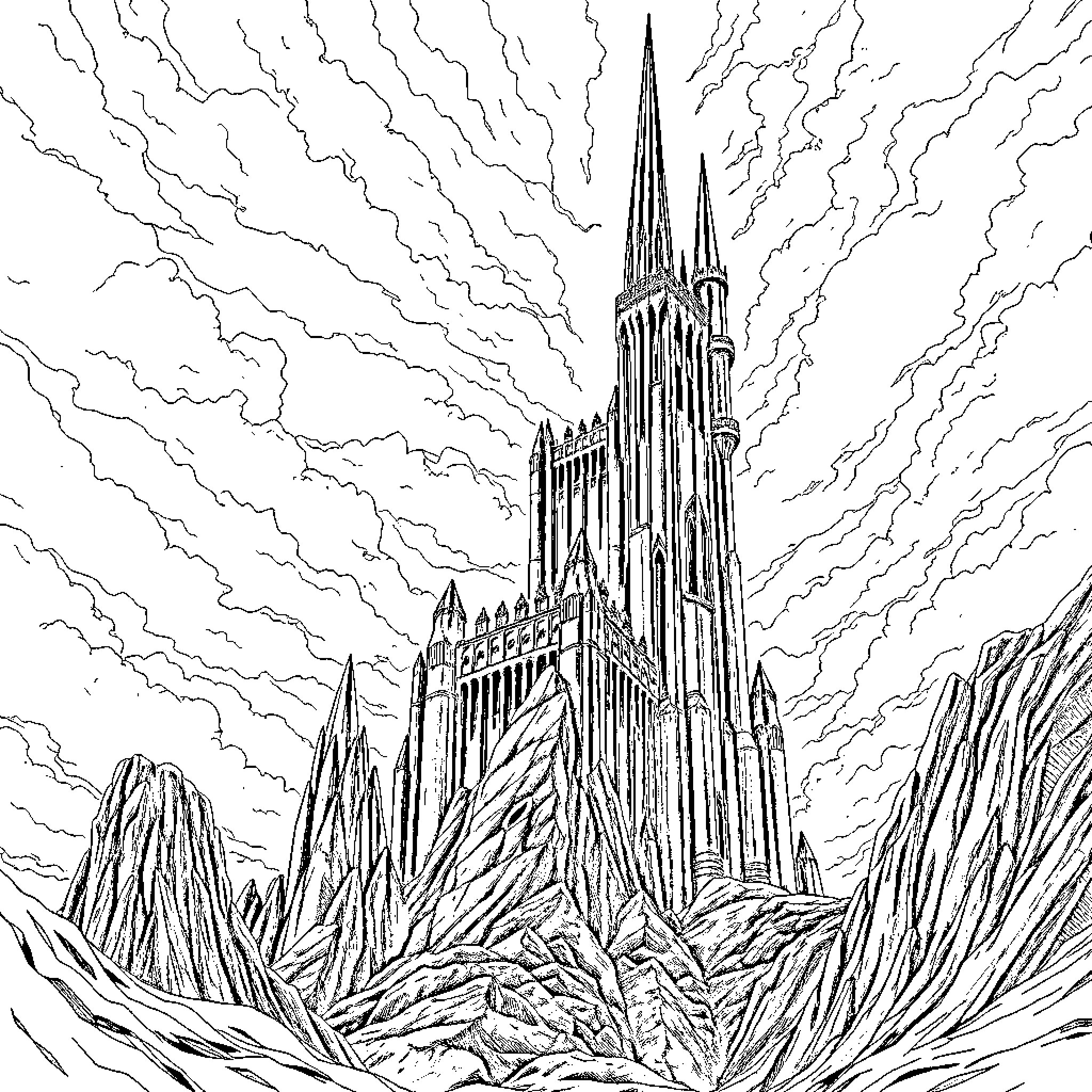Tower of Majestic Spires in a Rugged Landscape Coloring Page (free black-and-white line drawing printable PDF for all, from beginners to advanced learners, including children, teens, adults, and seniors)