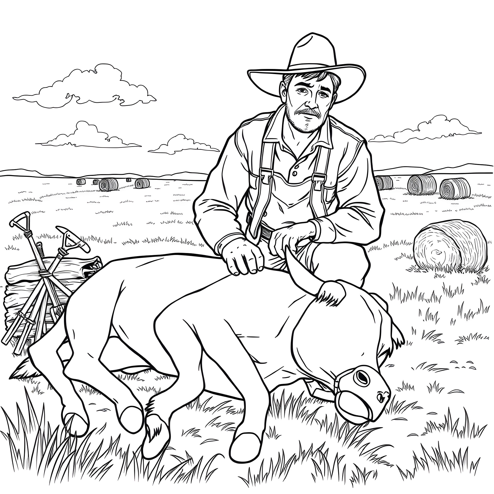Man resting with farm animals in countryside Coloring Page (free black-and-white line drawing printable PDF for all, from beginners to advanced learners, including children, teens, adults, and seniors)