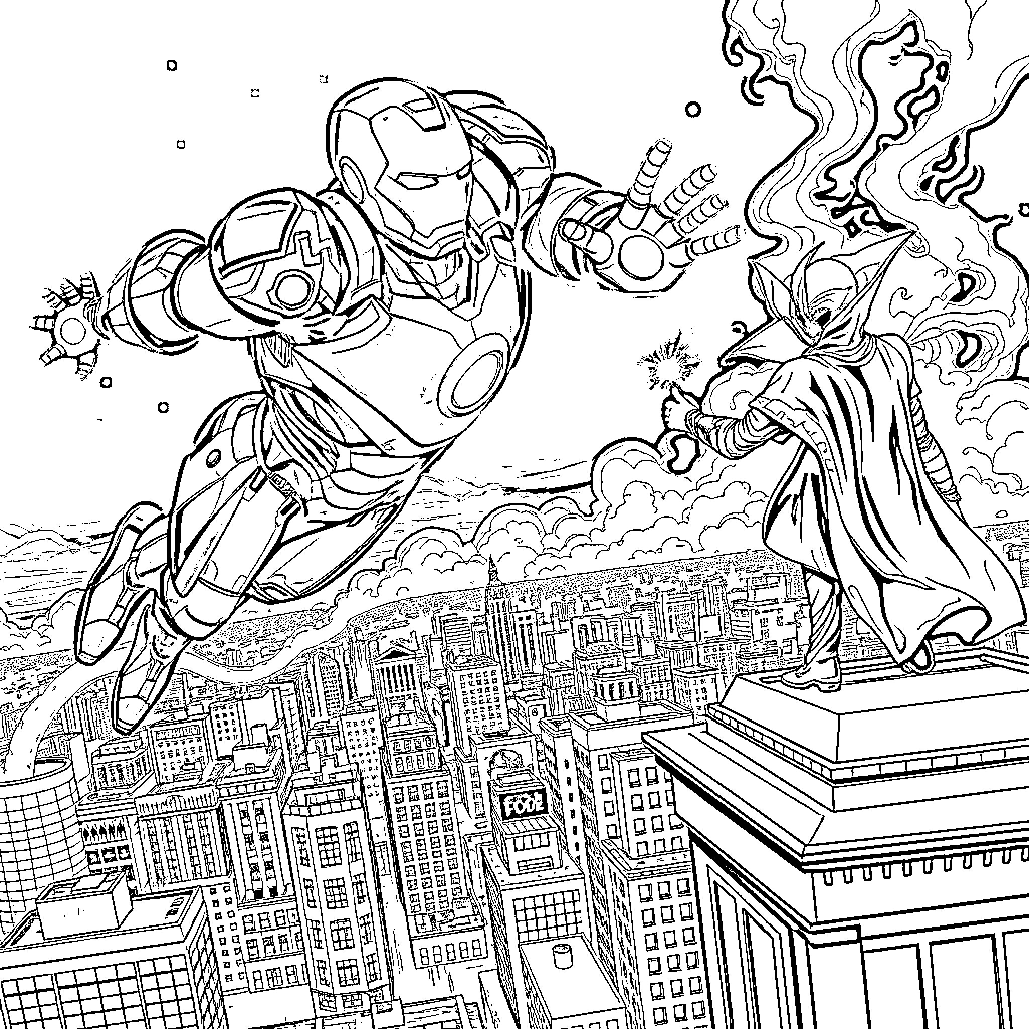 Ironman battling a villainous opponent over a cityscape Coloring Page (free black-and-white line drawing printable PDF for all, from beginners to advanced learners, including children, teens, adults, and seniors)
