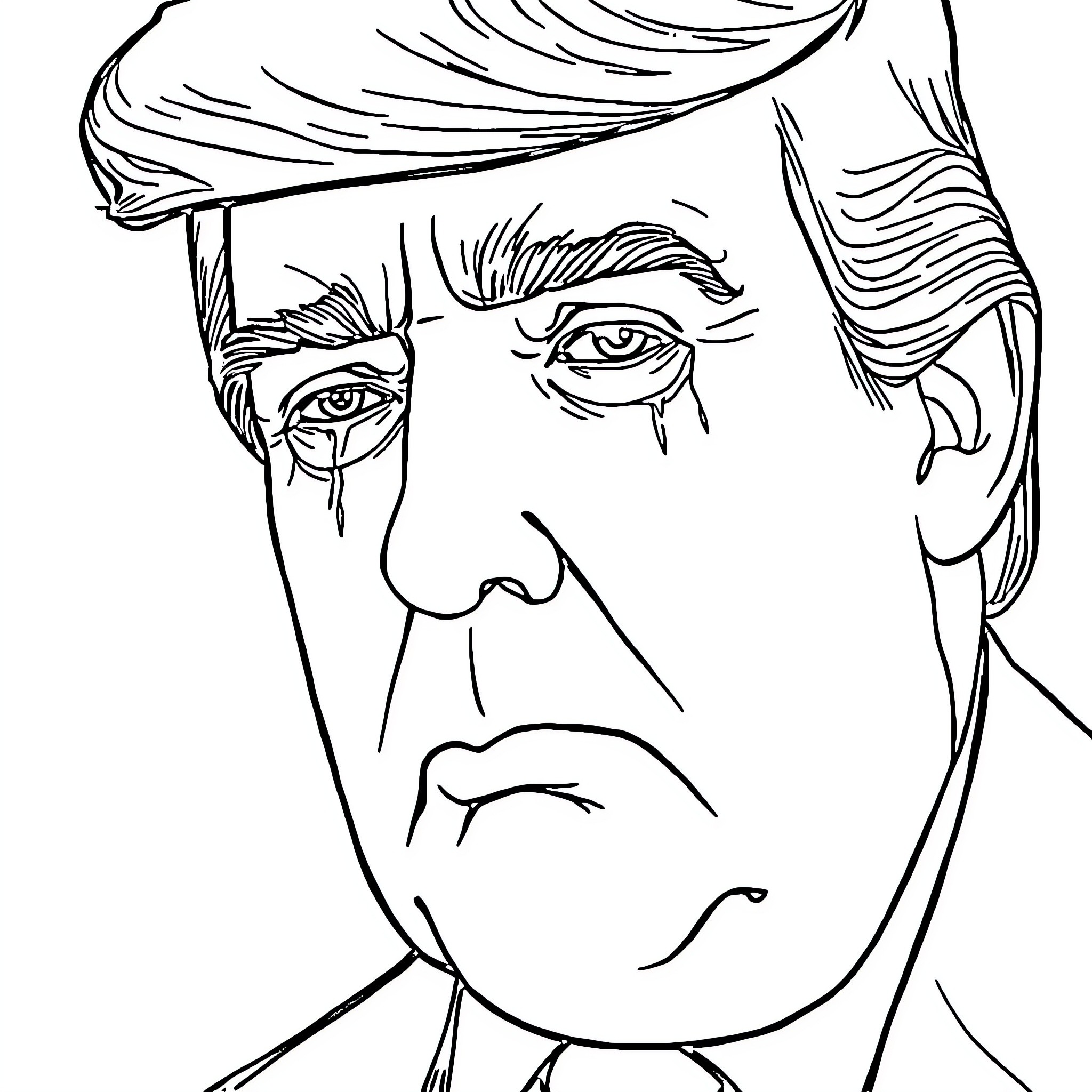 Trump's Pensive Expression and Iconic Hairstyle Coloring Page (free black-and-white line drawing printable PDF for all, from beginners to advanced learners, including children, teens, adults, and seniors)