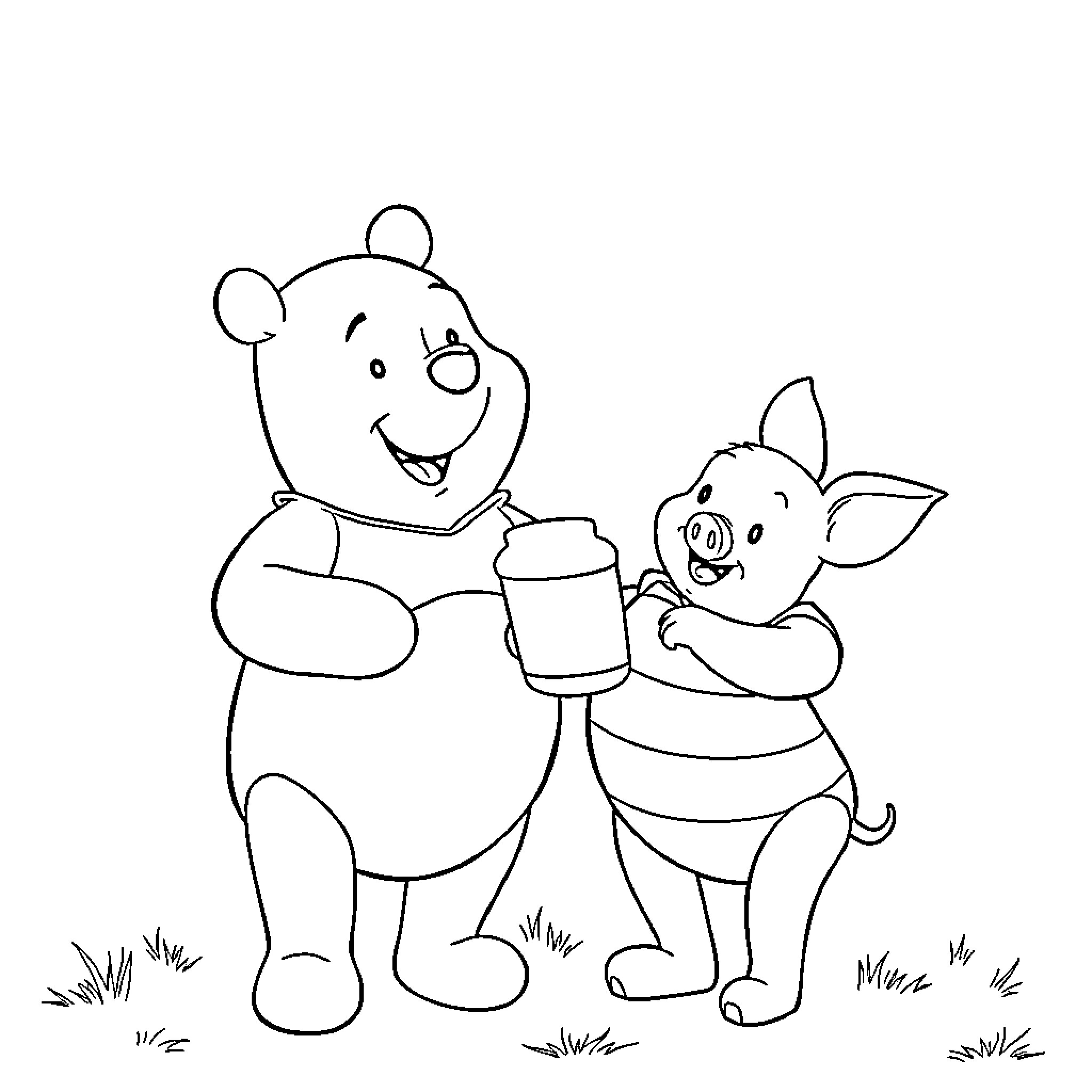 Winnie The Pooh and Piglet Sharing a Snack Coloring Page (free black-and-white line drawing printable PDF for all, from beginners to advanced learners, including children, teens, adults, and seniors)