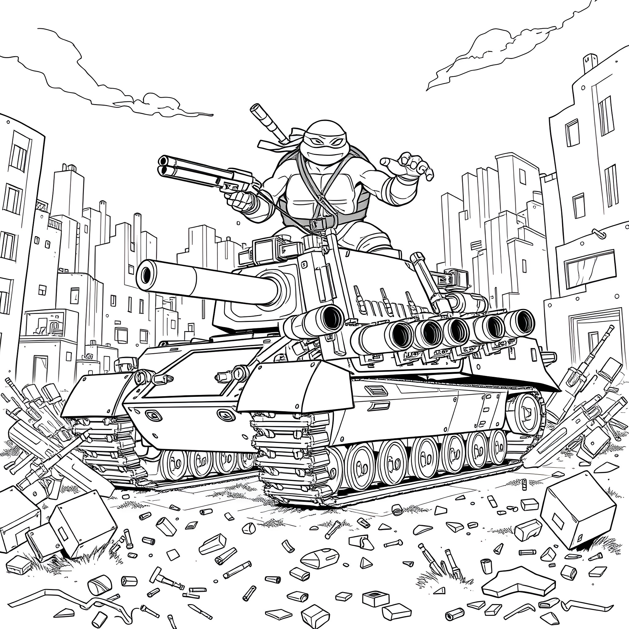 Ninja Turtle Tank Destroying City Landscape Coloring Page (free black-and-white line drawing printable PDF for all, from beginners to advanced learners, including children, teens, adults, and seniors)