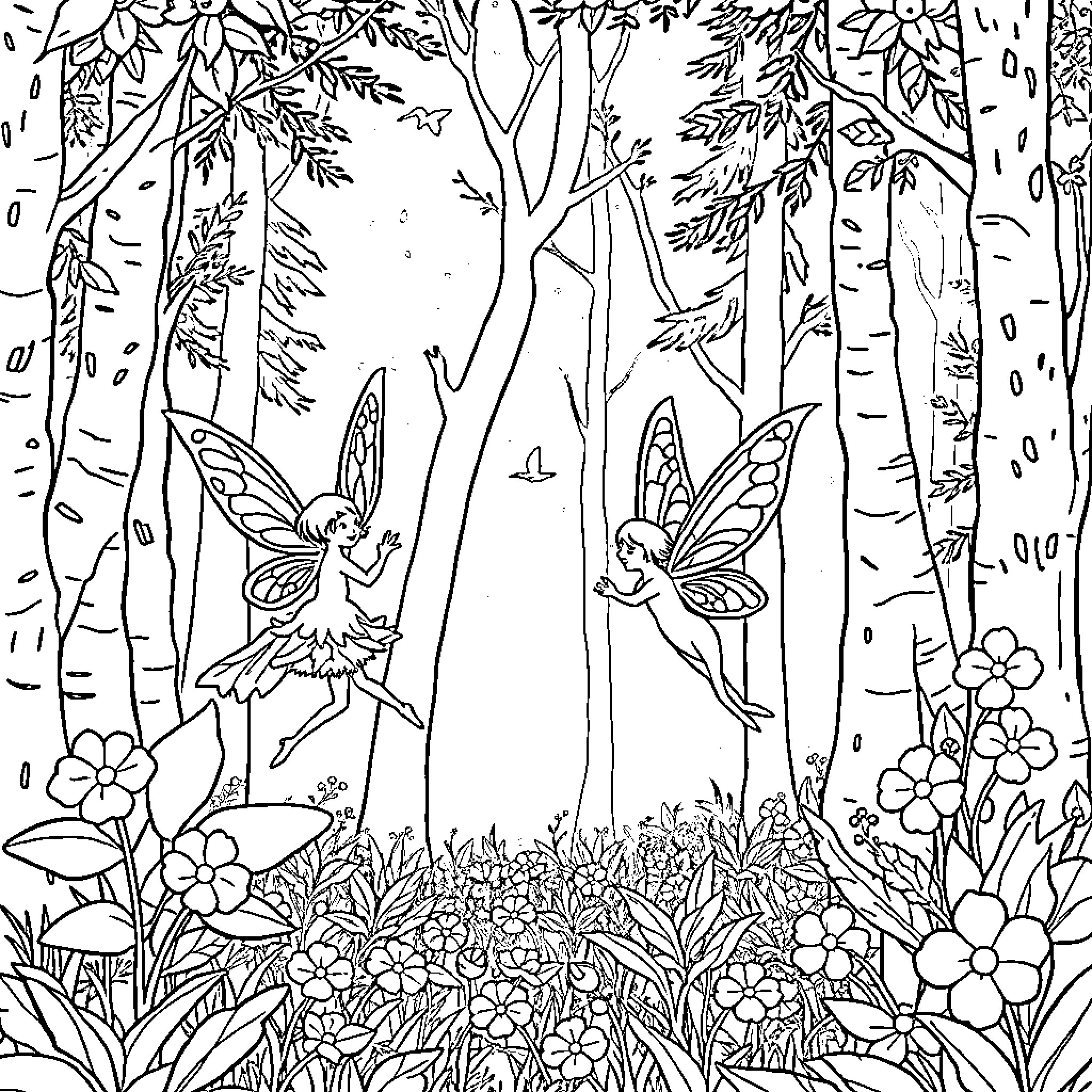 Fairy Dancers in Enchanted Forest Coloring Page (free black-and-white line drawing printable PDF for all, from beginners to advanced learners, including children, teens, adults, and seniors)