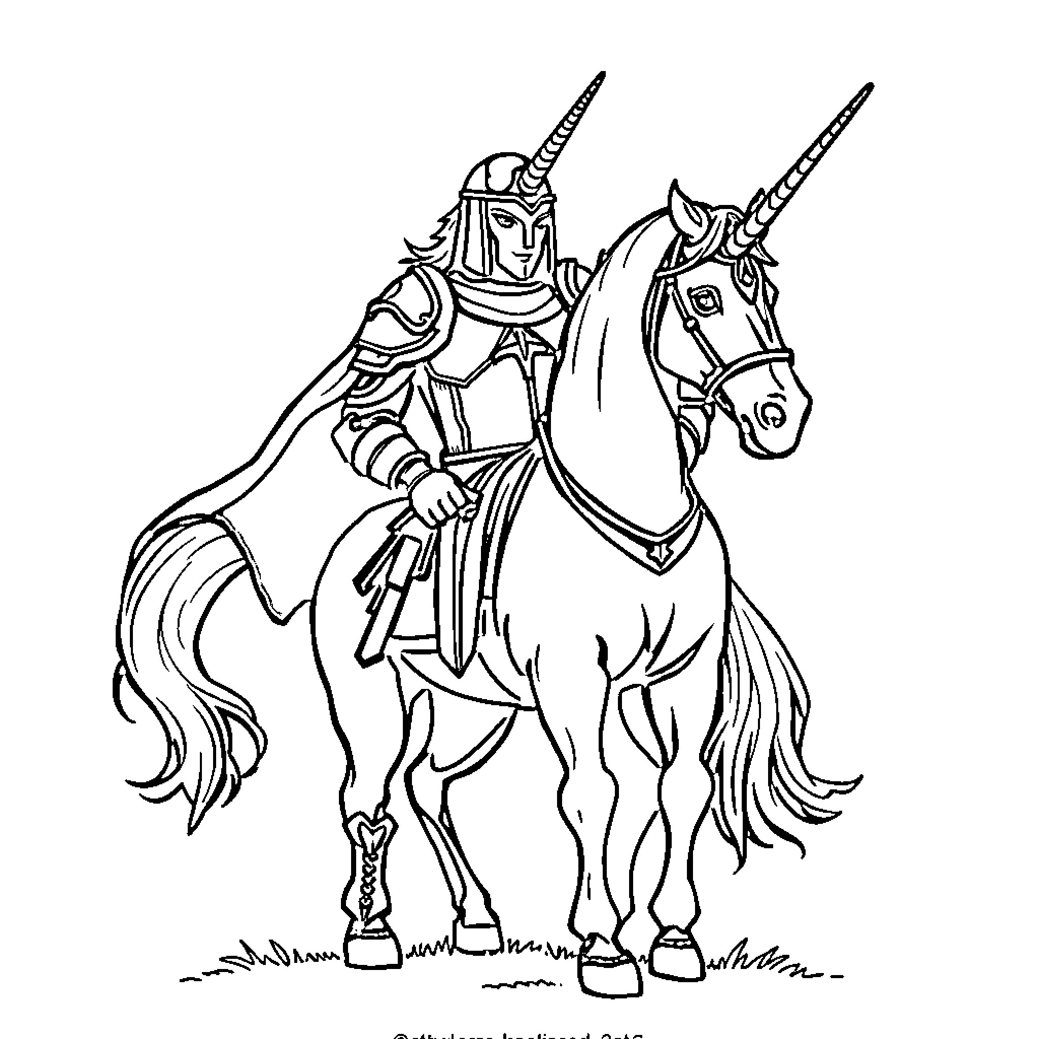 Unicorn knight on horseback in battle gear Coloring Page (free black-and-white line drawing printable PDF for all, from beginners to advanced learners, including children, teens, adults, and seniors)