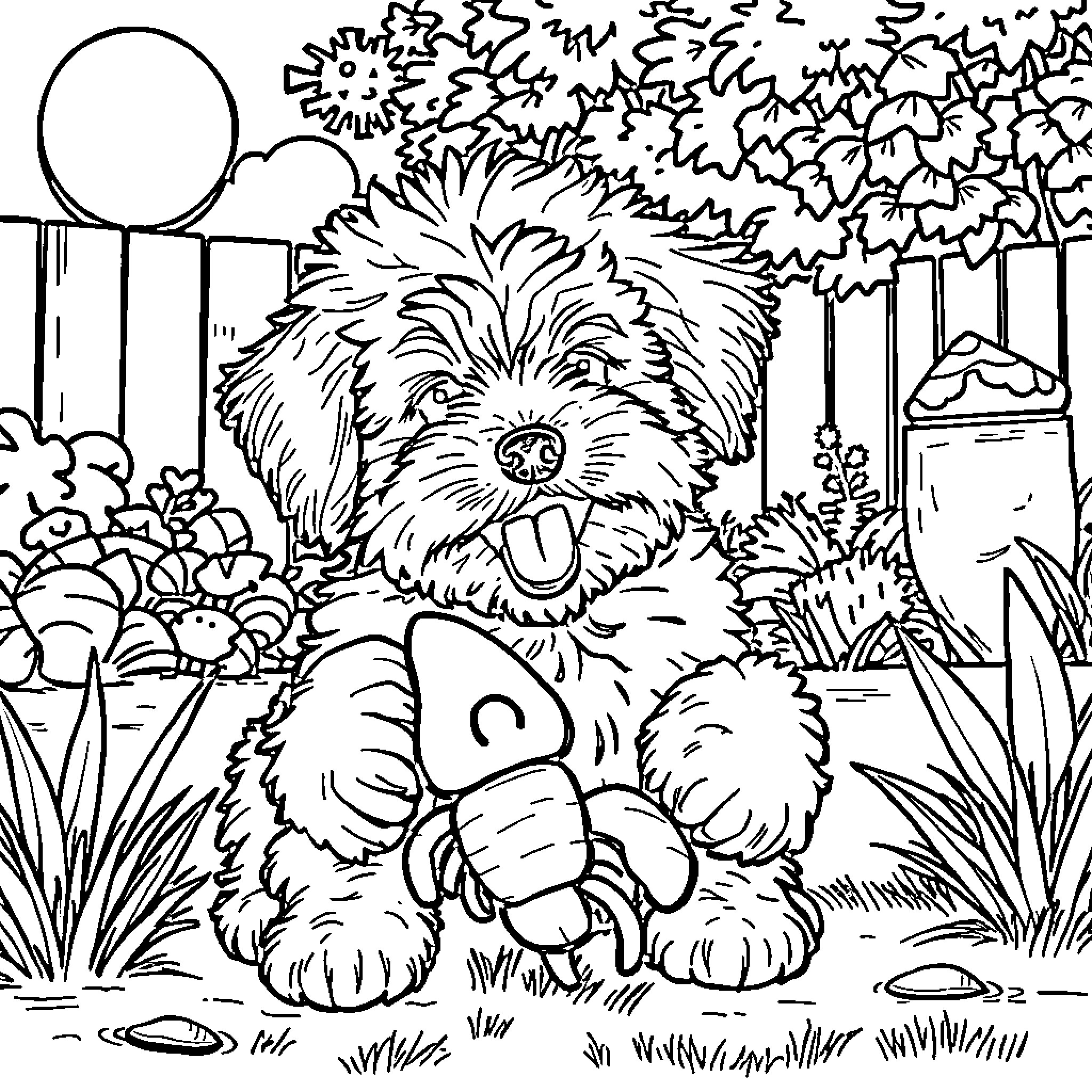 Cavoodle puppy playing with toy in lush garden Coloring Page (free black-and-white line drawing printable PDF for all, from beginners to advanced learners, including children, teens, adults, and seniors)