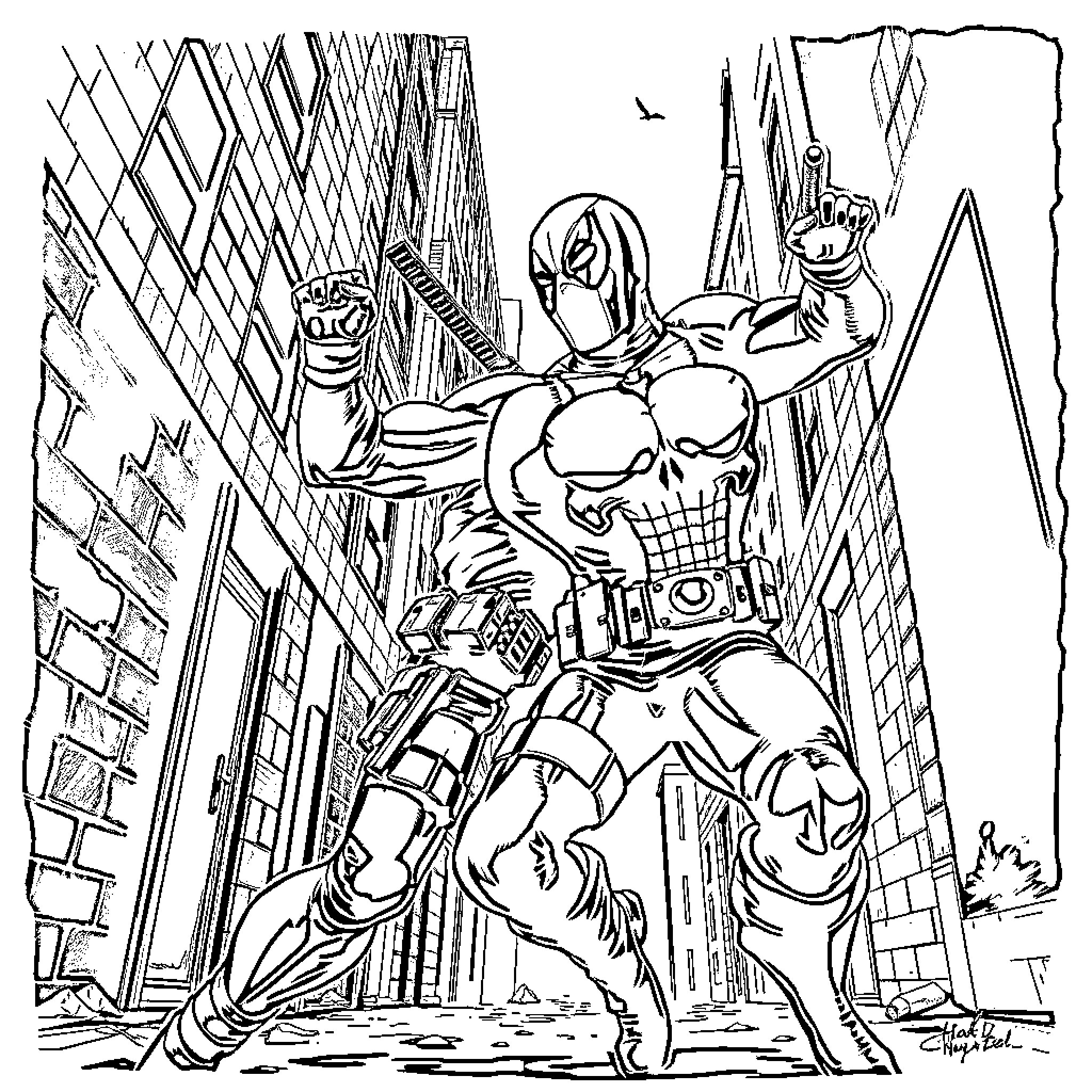 Deadpool leaping into action in the city Coloring Page (free black-and-white line drawing printable PDF for all, from beginners to advanced learners, including children, teens, adults, and seniors)