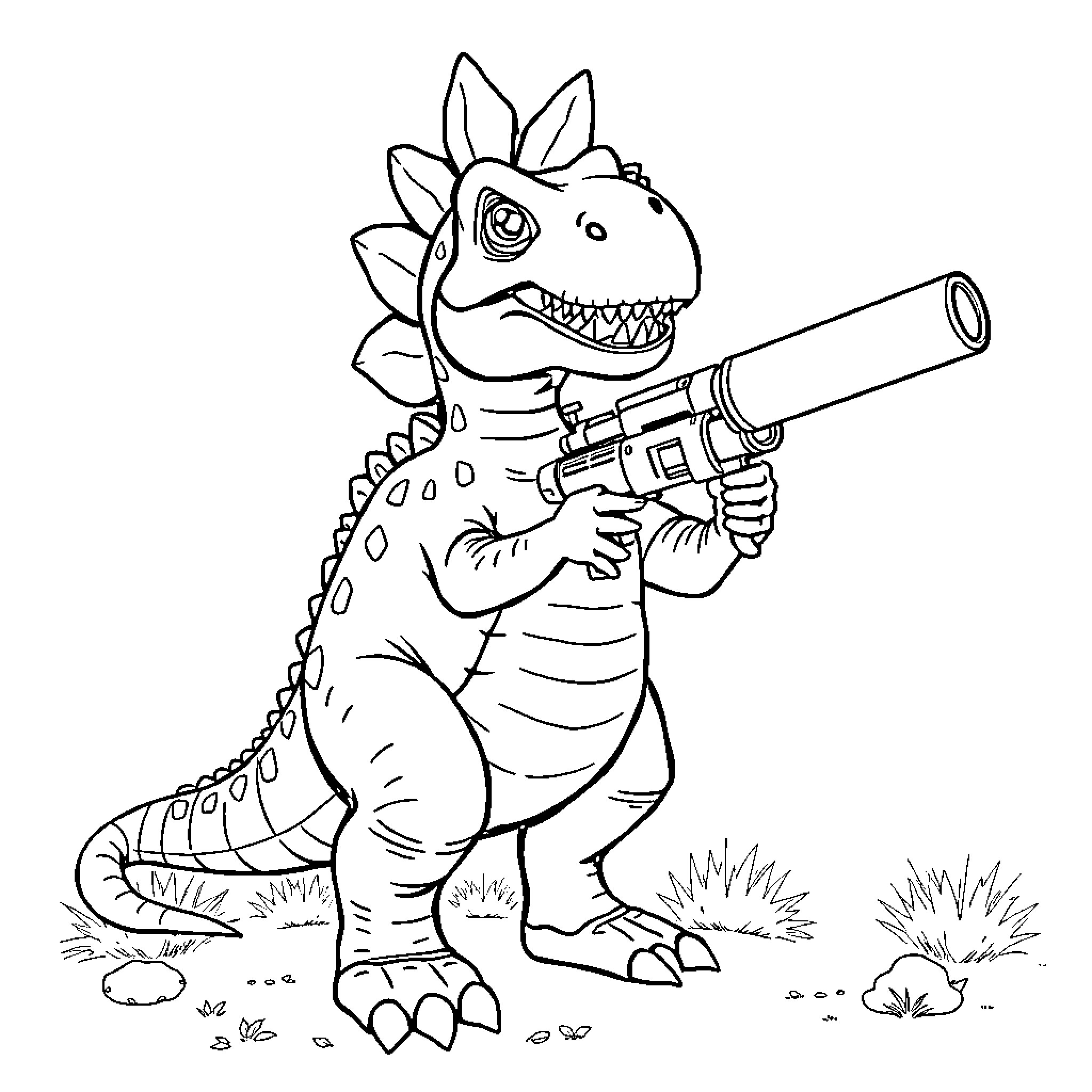 Stegosaurus wielding a toy cannon Coloring Page (free black-and-white line drawing printable PDF for all, from beginners to advanced learners, including children, teens, adults, and seniors)