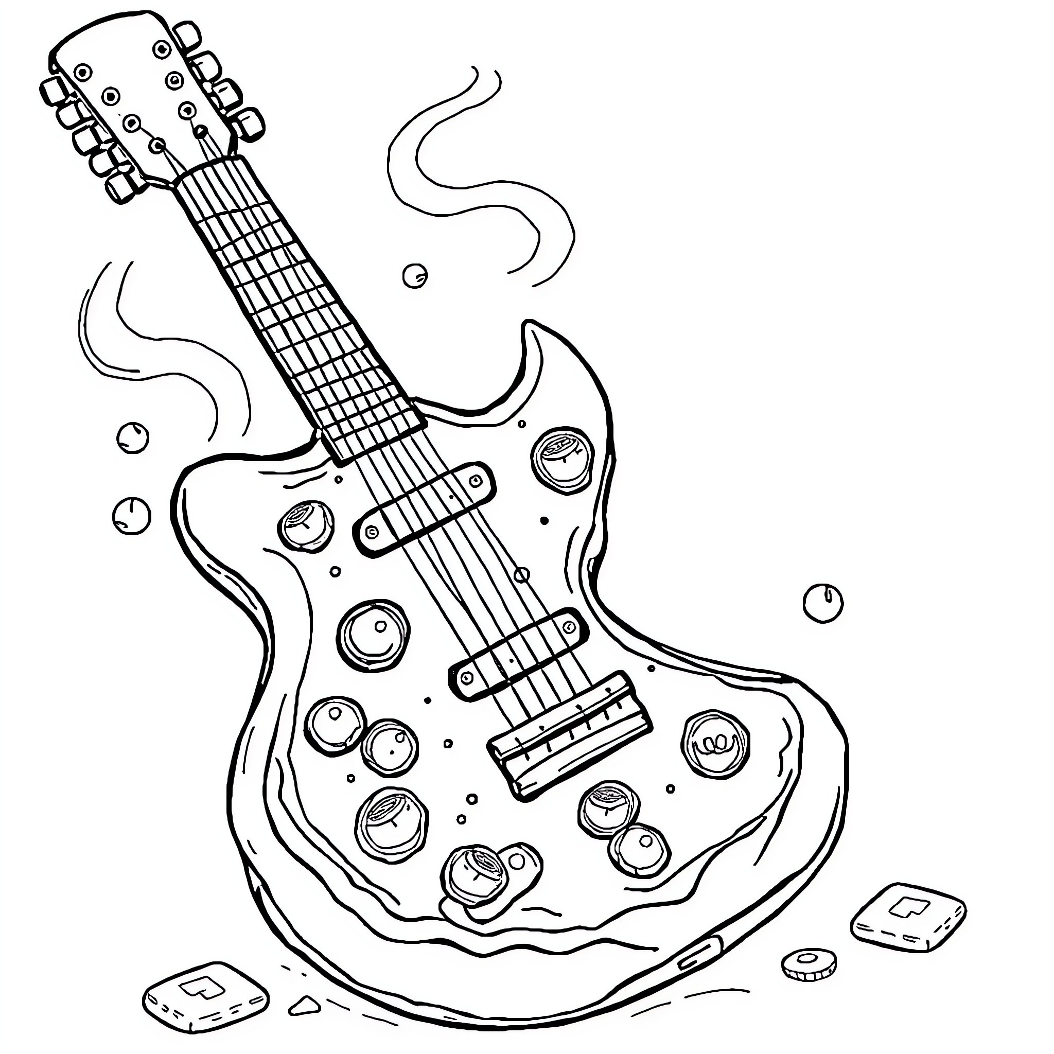 Guitar floating in abstract artistic scene Coloring Page (free black-and-white line drawing printable PDF for all, from beginners to advanced learners, including children, teens, adults, and seniors)